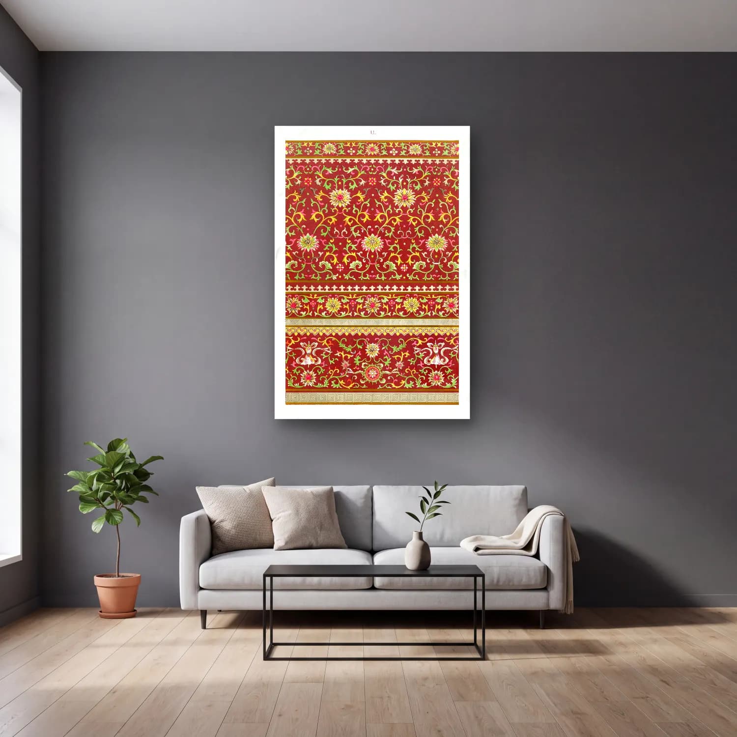 Maksimalist Çiçek Deseni No. 89 cam tablo — gri duvarlı salonda