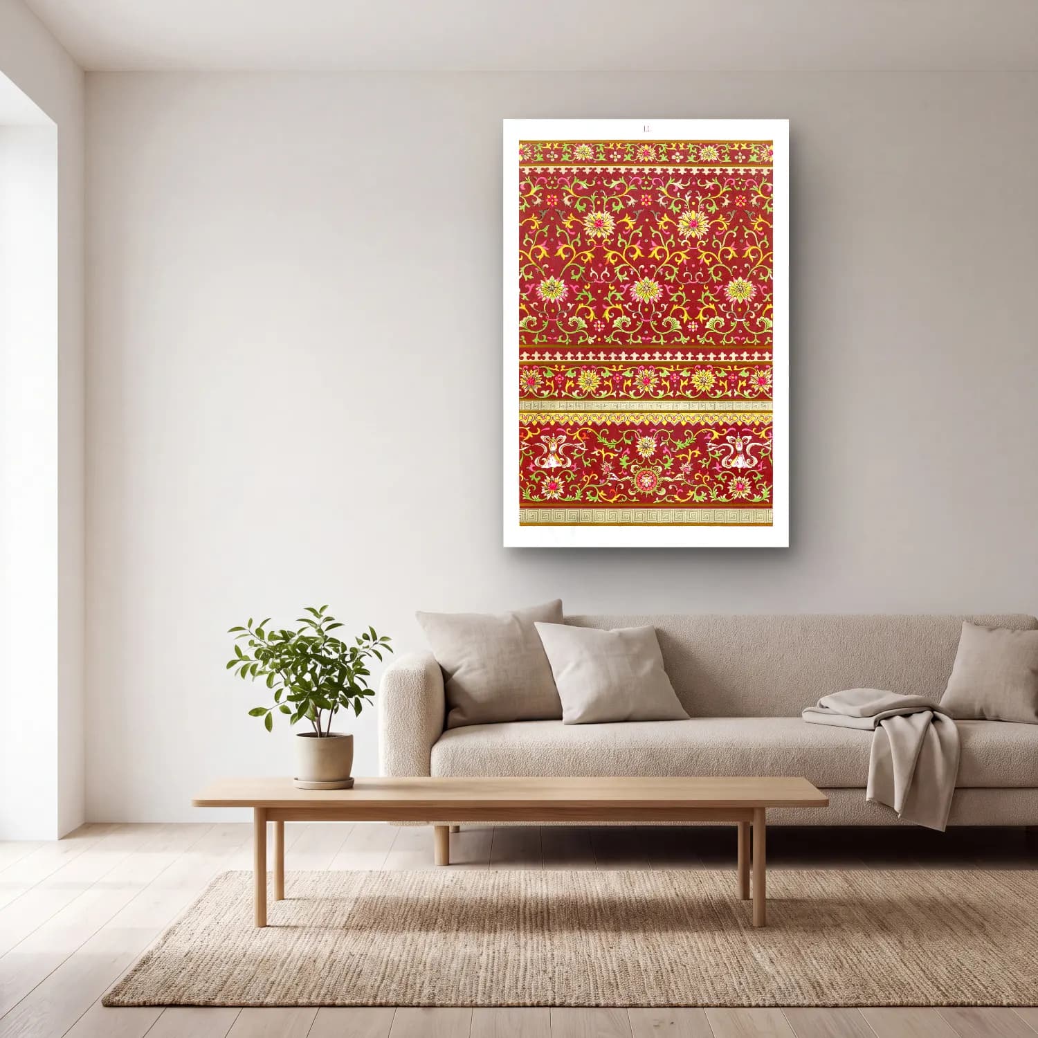 Maksimalist Çiçek Deseni No. 89 cam tablo — açık renk salonda