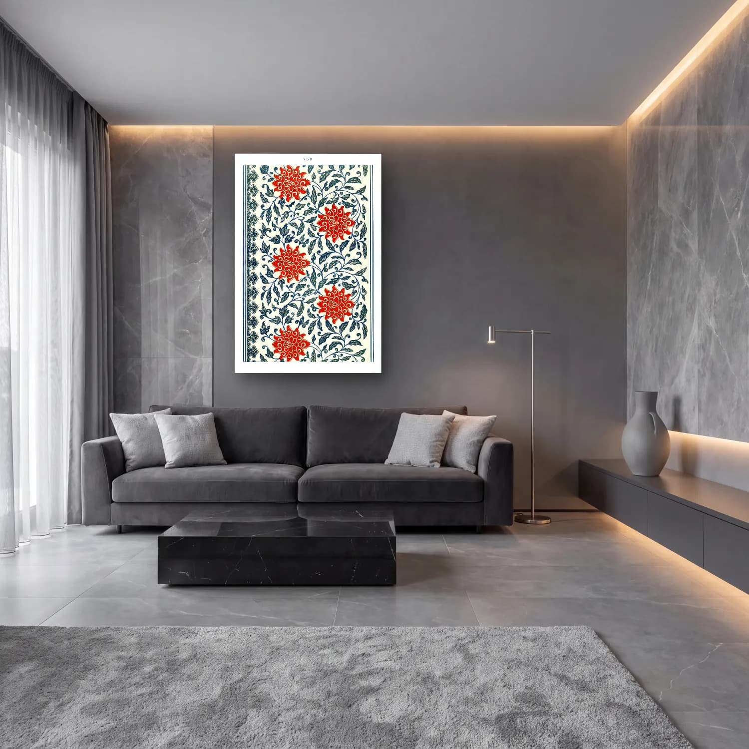 Vintage Çiçek Deseni No. 27 cam tablo — lüks salon duvarında