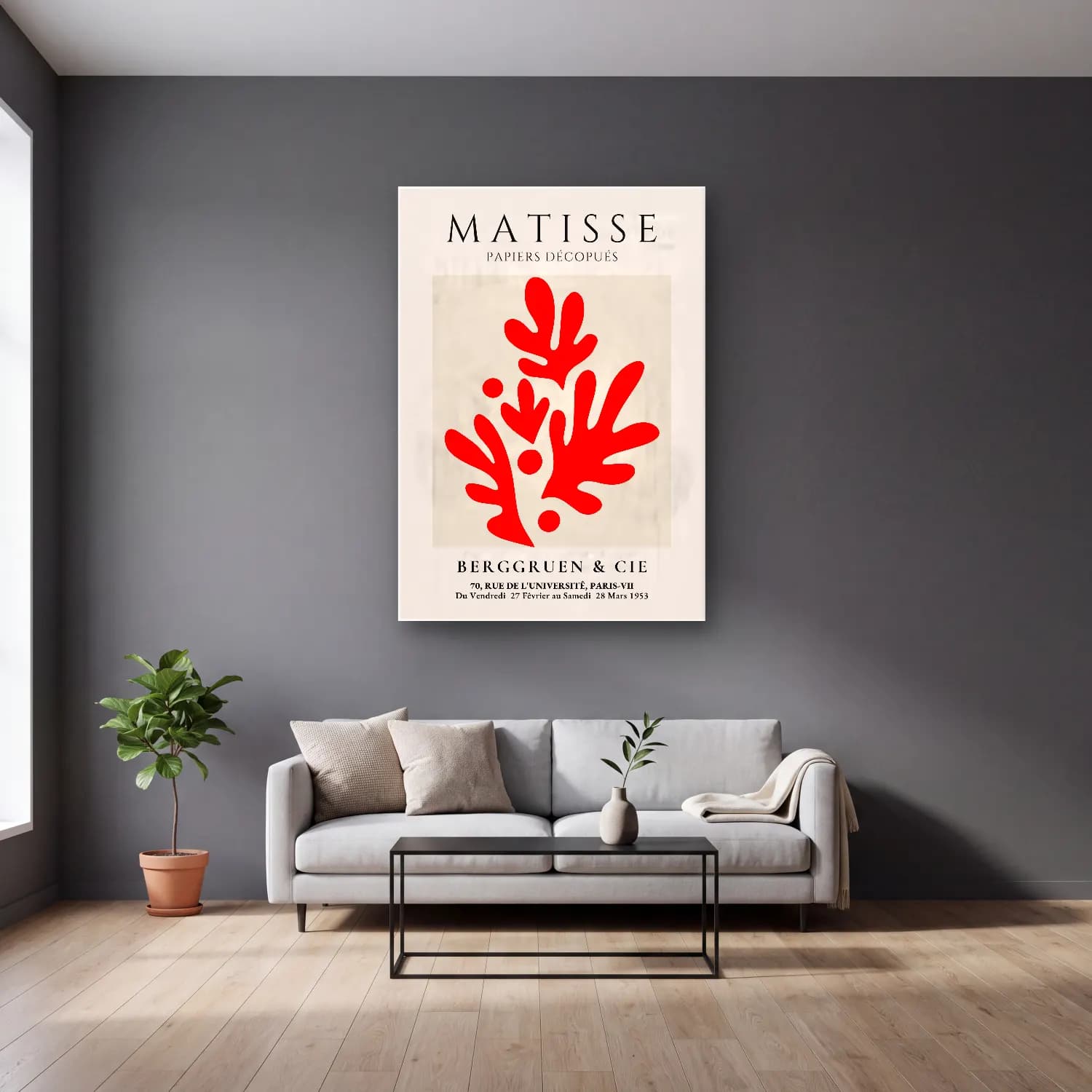 Vintage Poster Botanik Yapraklar cam tablo — gri duvarlı salonda