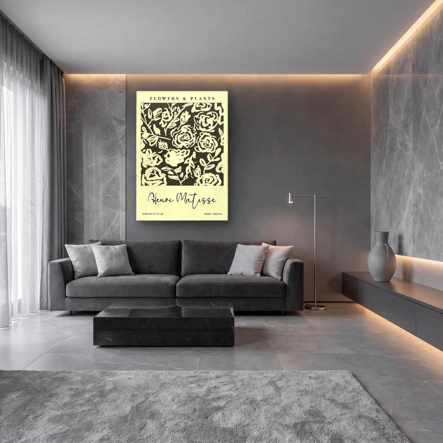 Siyah Beyaz Çiçek Deseni No. 19 cam tablo — lüks salon duvarında