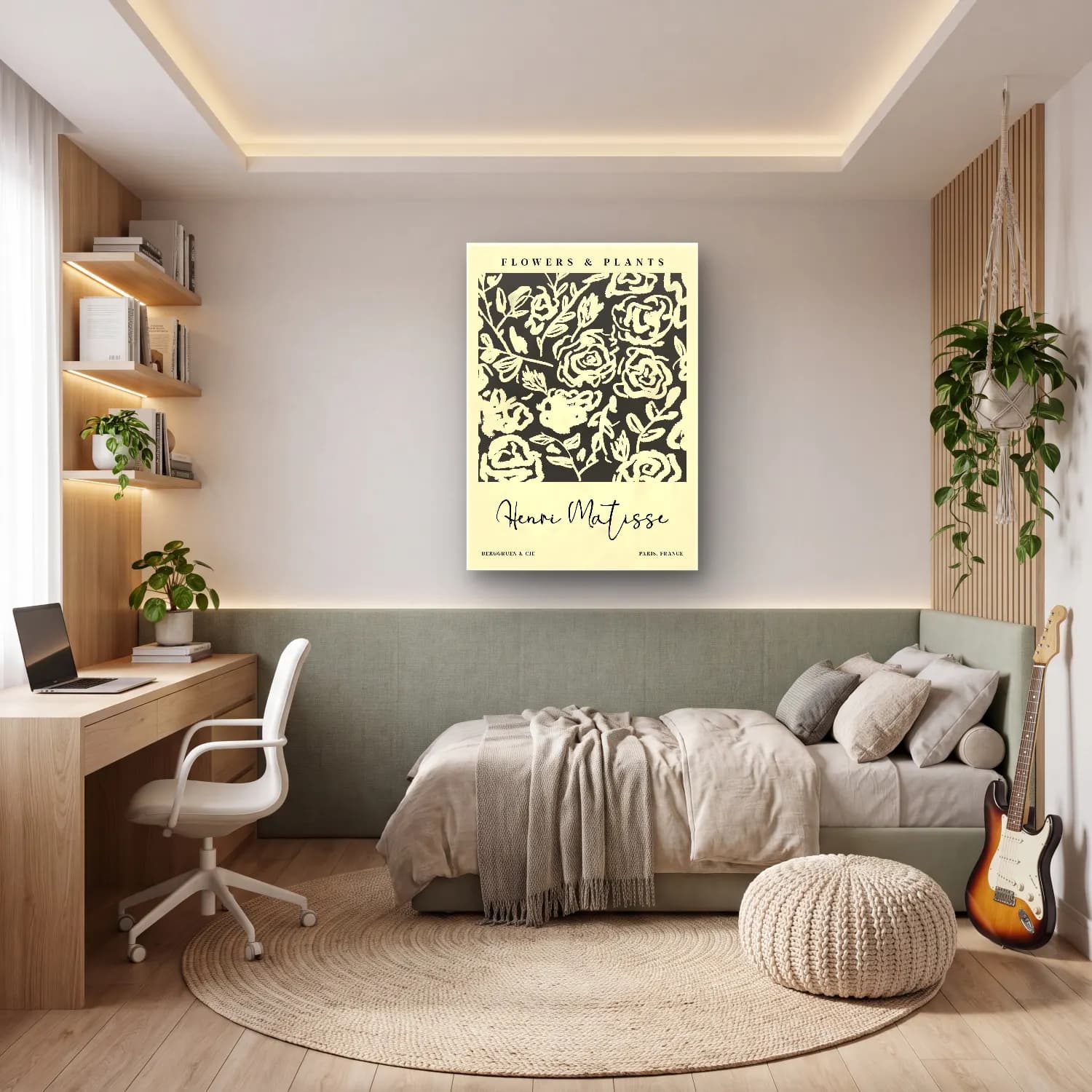 Siyah Beyaz Çiçek Deseni No. 19 cam tablo — genç odasında