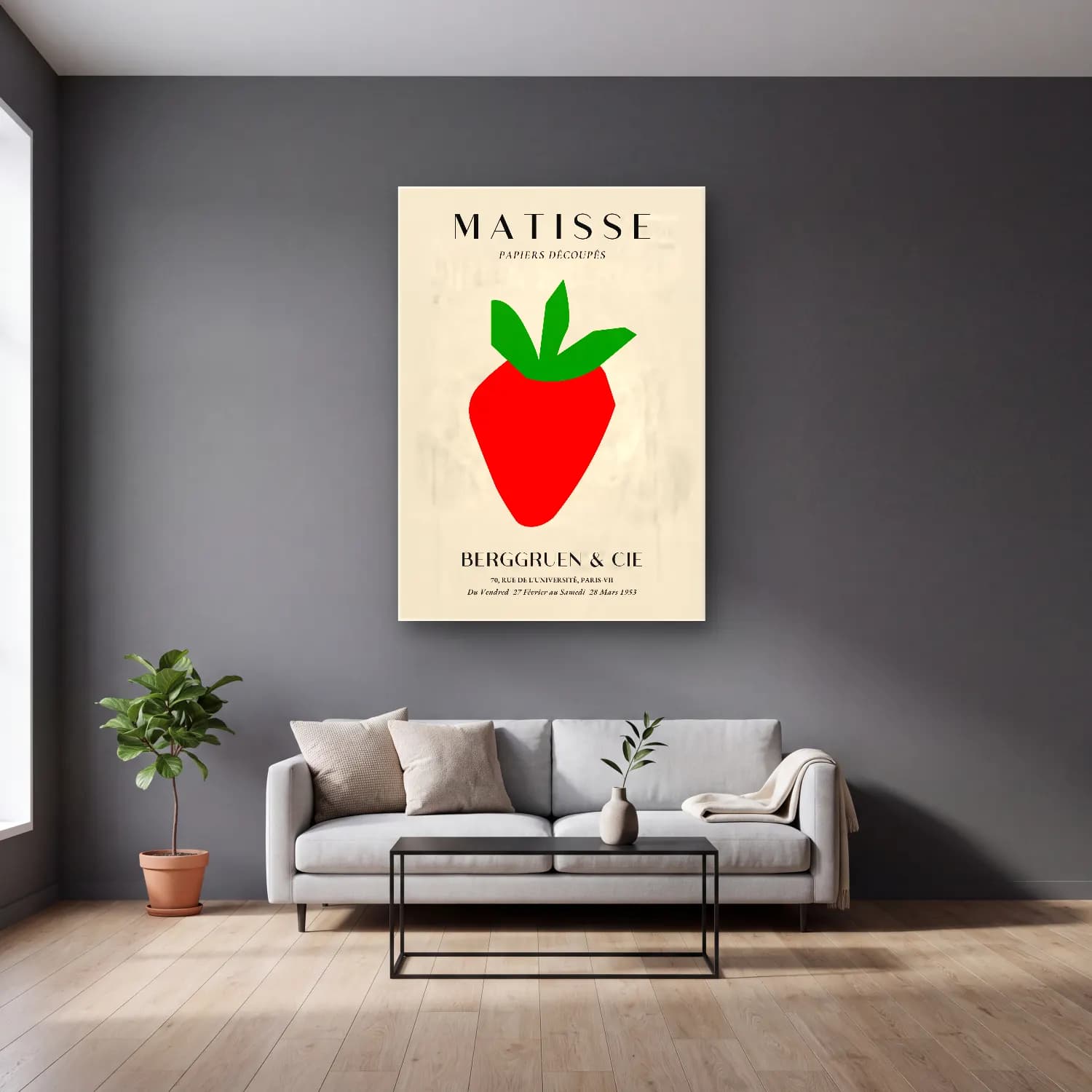 Vintage Poster Çilekler – Kırmızı Tonlar cam tablo — gri duvarlı salonda