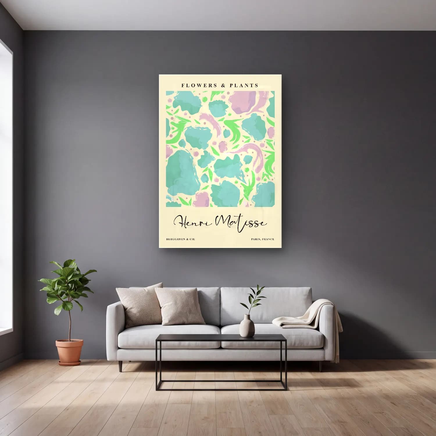 Pastel Çiçek Deseni No. 227 cam tablo — gri duvarlı salonda