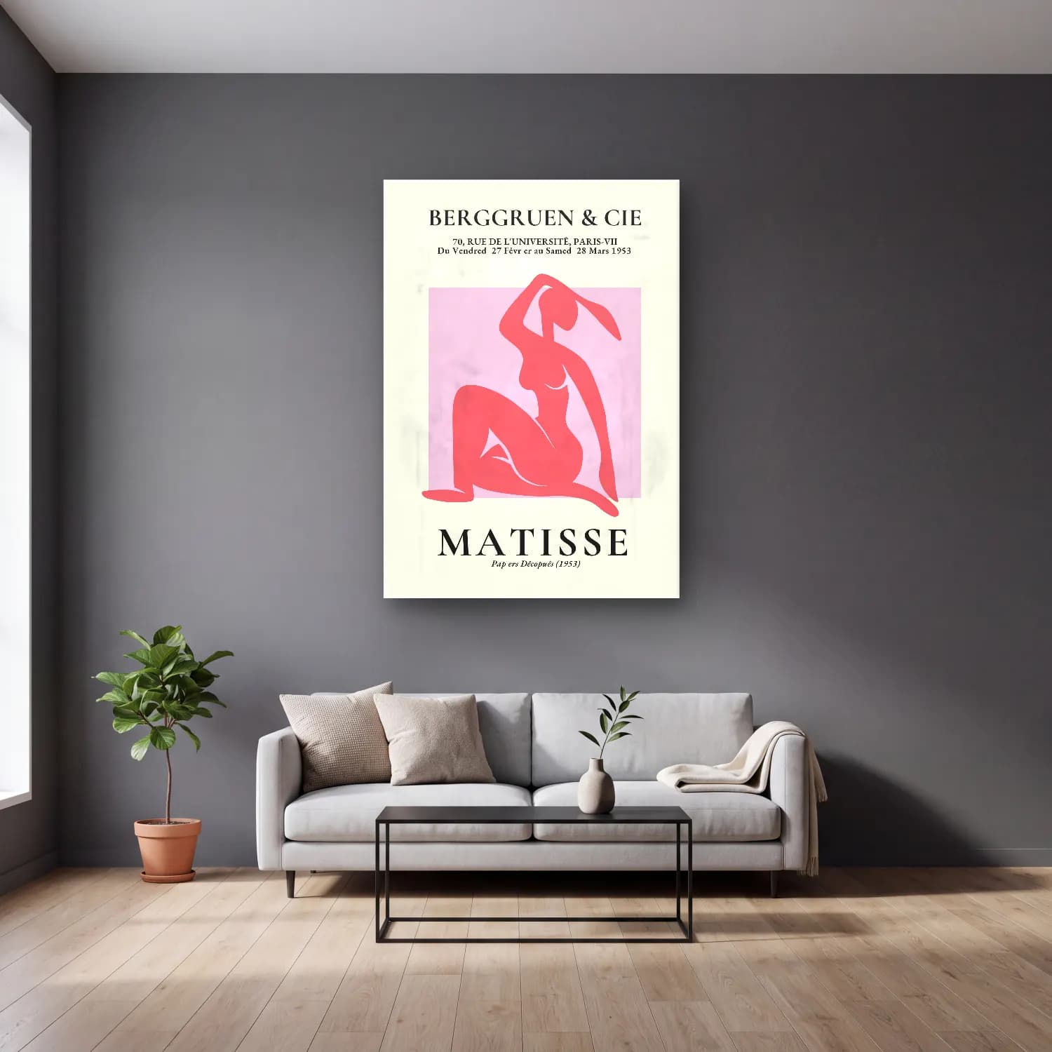 Vintage Poster Figür Çalışması No. 12 cam tablo — gri duvarlı salonda