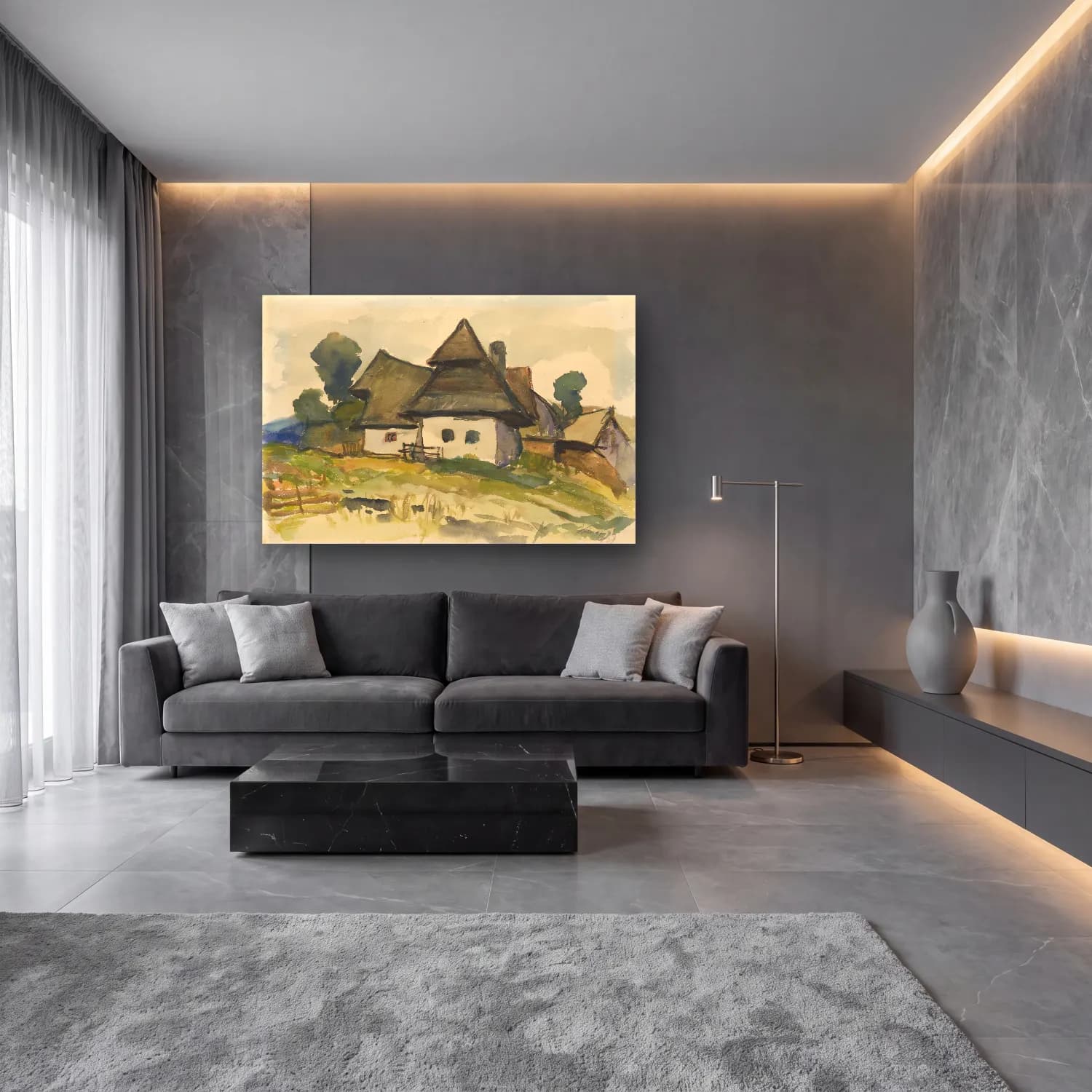Suluboya Kır Evi No. 41 cam tablo — lüks salon duvarında