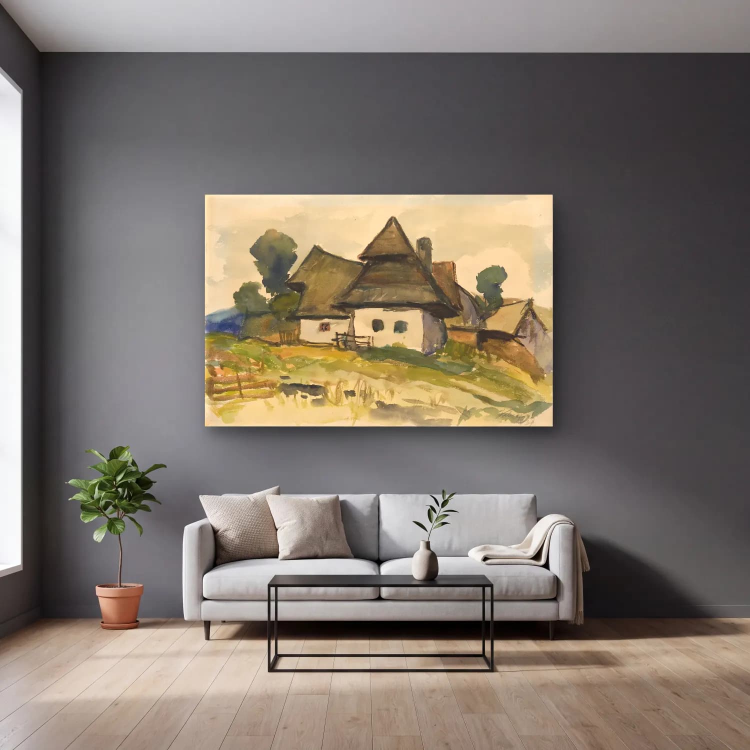 Suluboya Kır Evi No. 41 cam tablo — gri duvarlı salonda