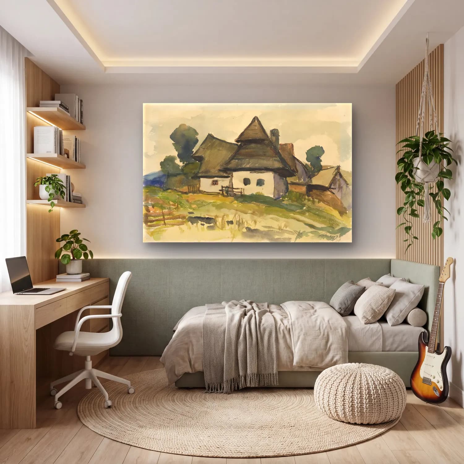 Suluboya Kır Evi No. 41 cam tablo — genç odasında
