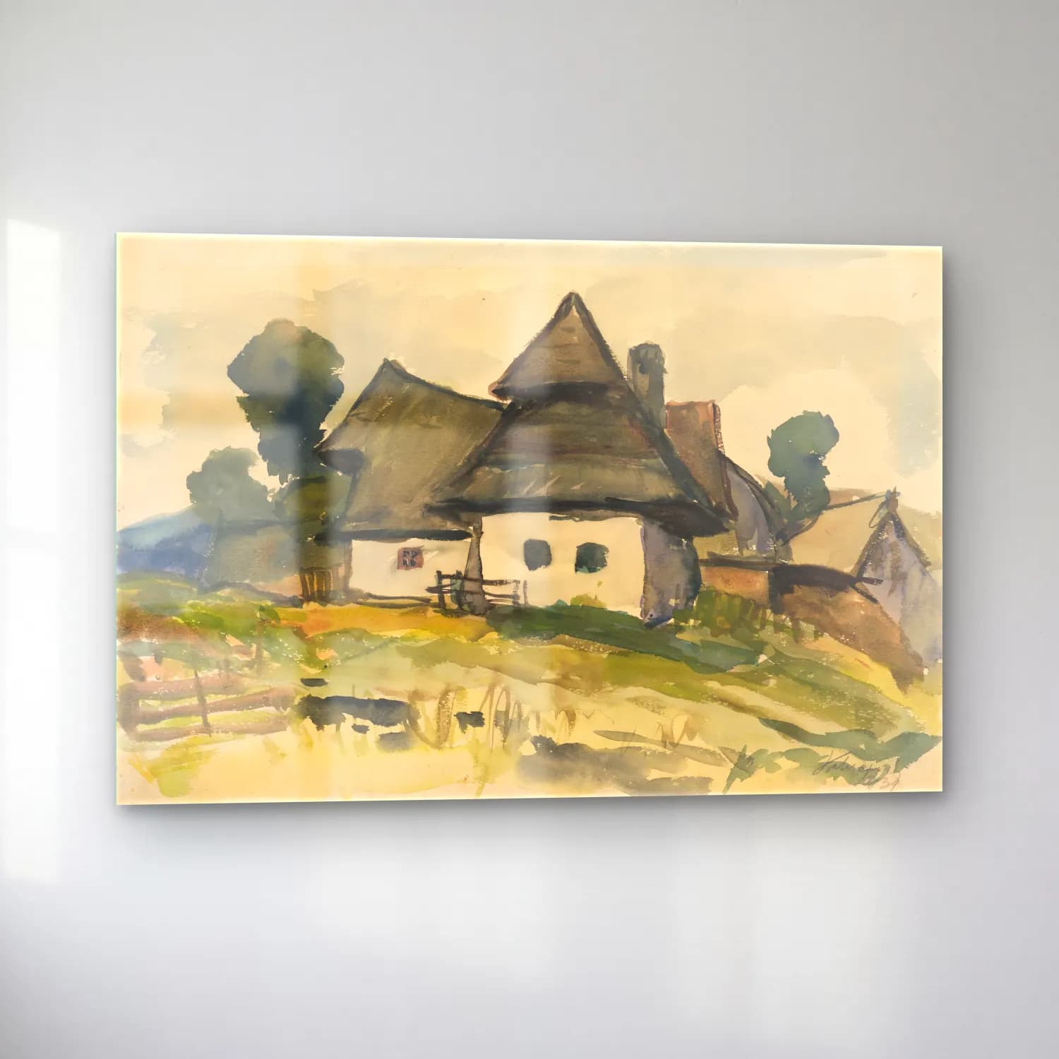 Suluboya Kır Evi No. 41 cam tablo — sol açıdan görünüm