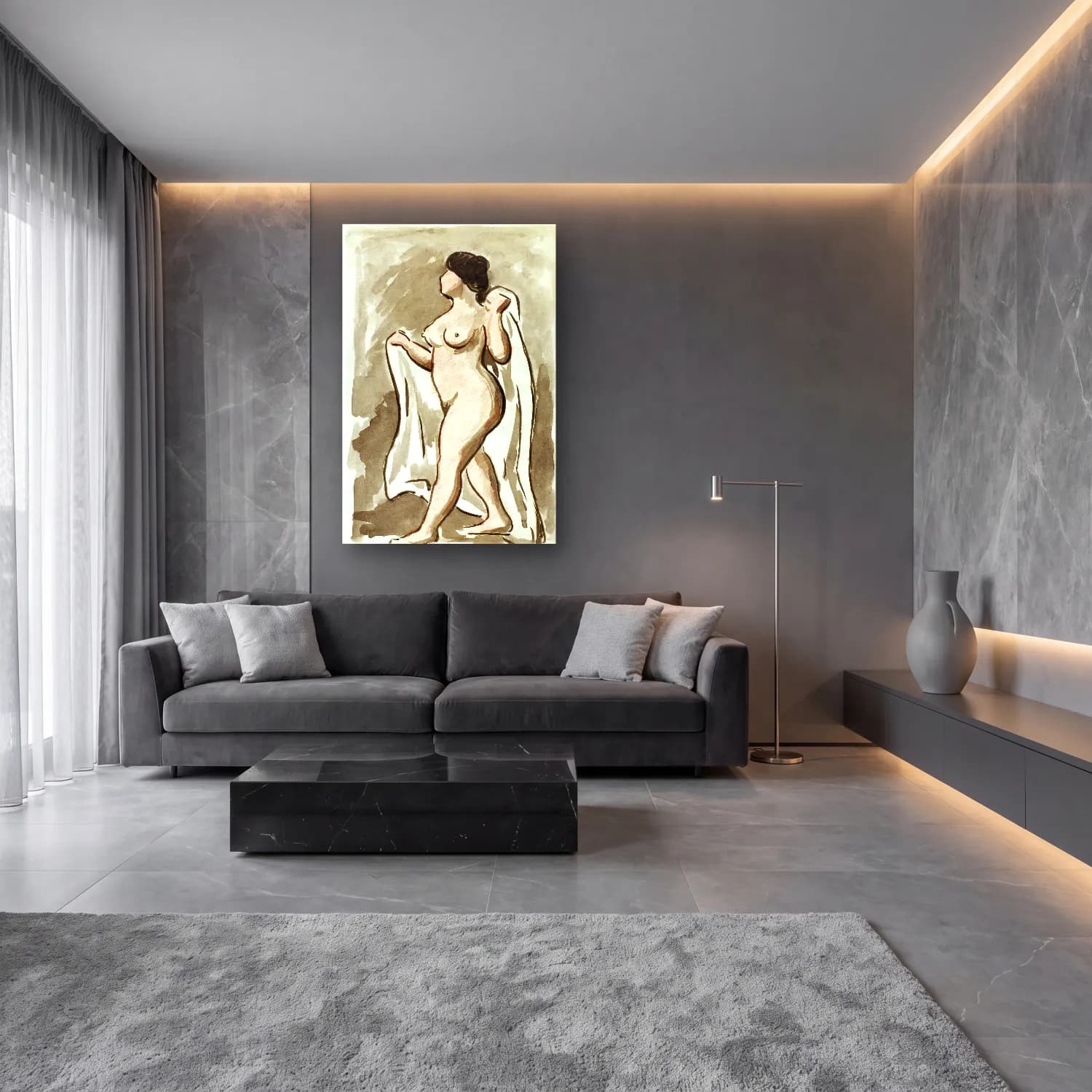 Carl Newman – Standing Female Nude with Drape cam tablo — lüks salon duvarında