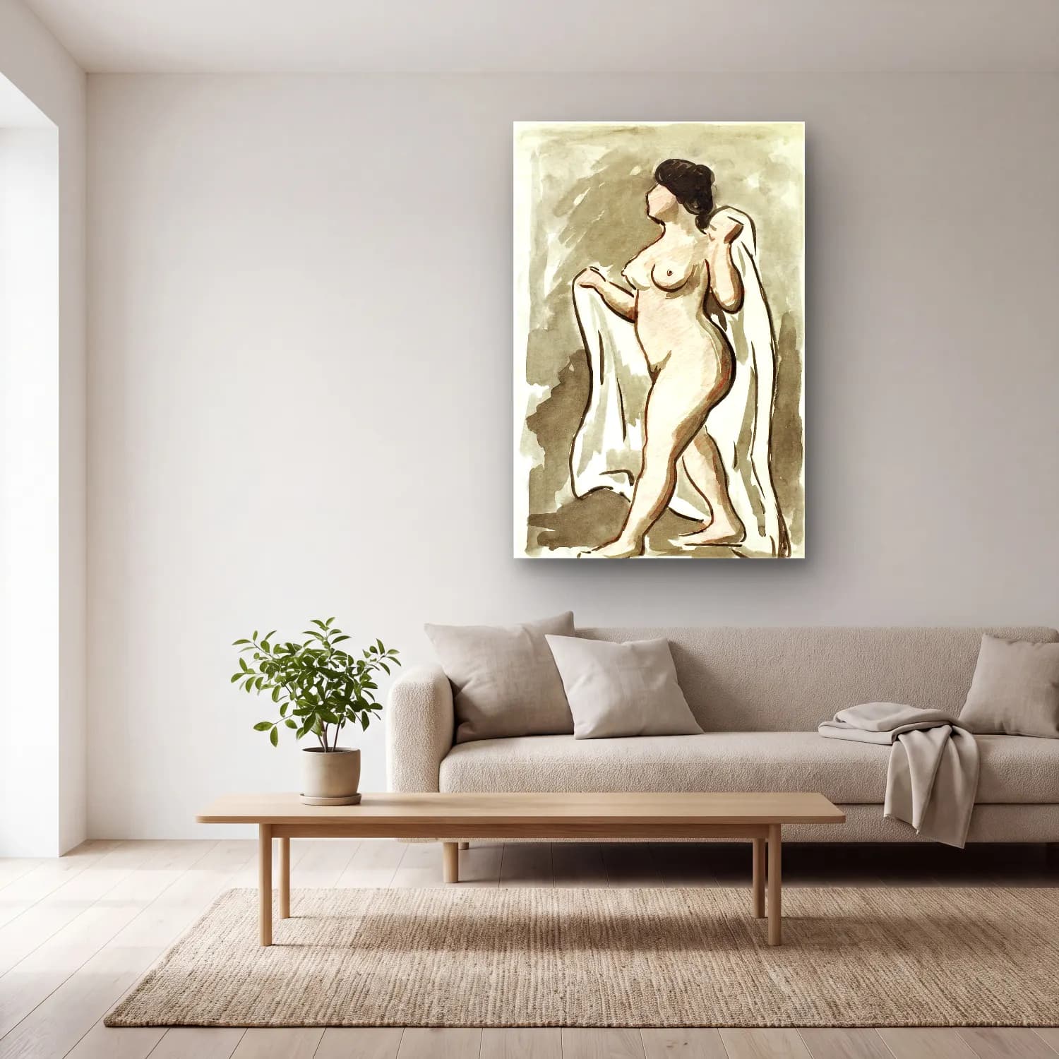 Carl Newman – Standing Female Nude with Drape cam tablo — açık renk salonda