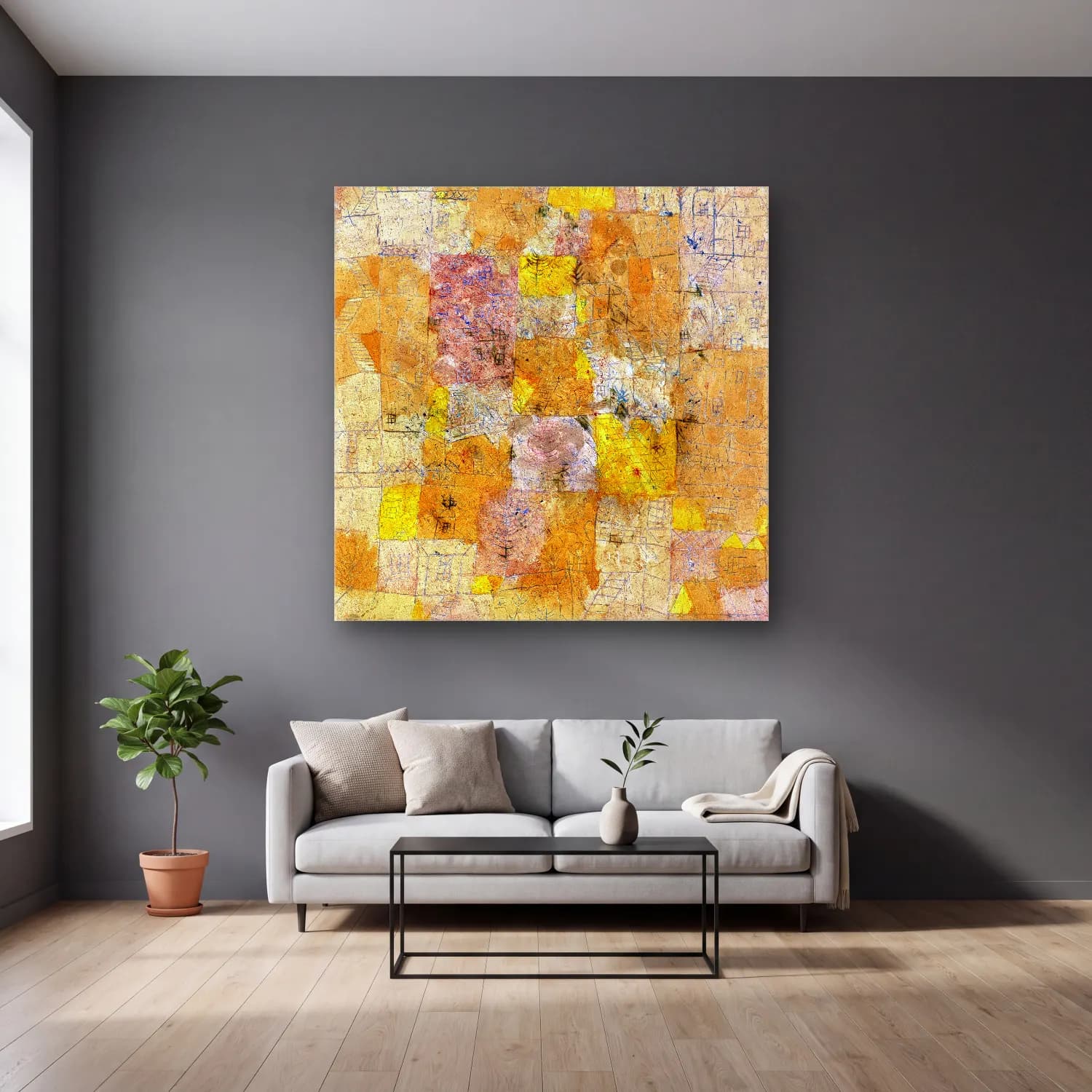 Paul Klee – Suburban idyll (garden city idyll) painting in high… cam tablo — gri duvarlı salonda