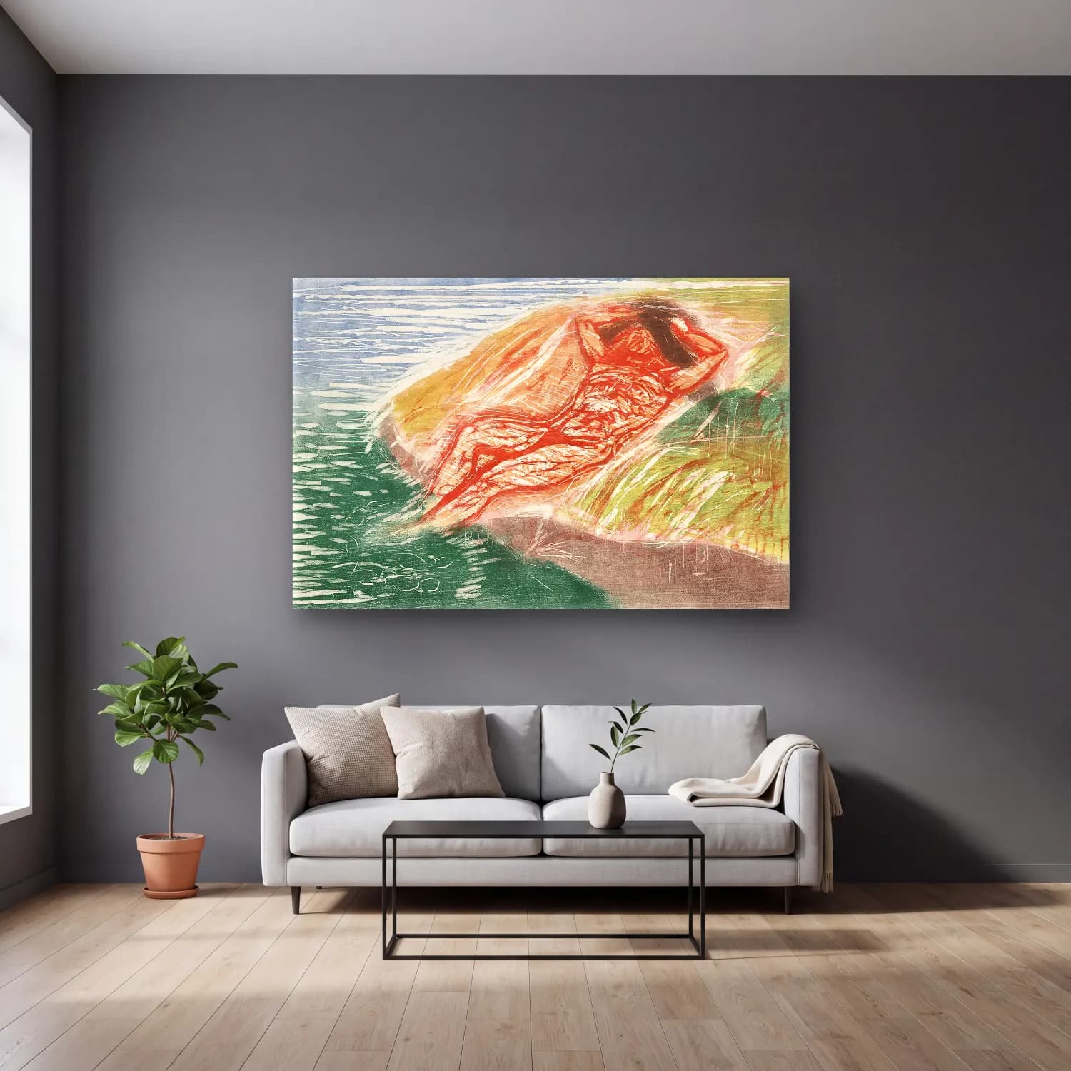 Edvard Munch – Sunbathing I cam tablo — gri duvarlı salonda