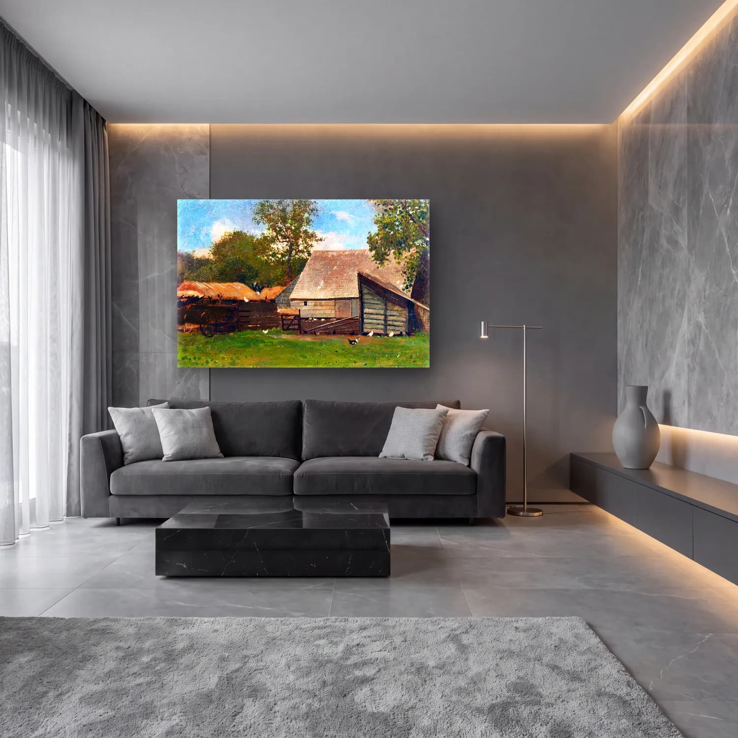 Yağlı Boya Kır Evi No. 35 cam tablo — lüks salon duvarında
