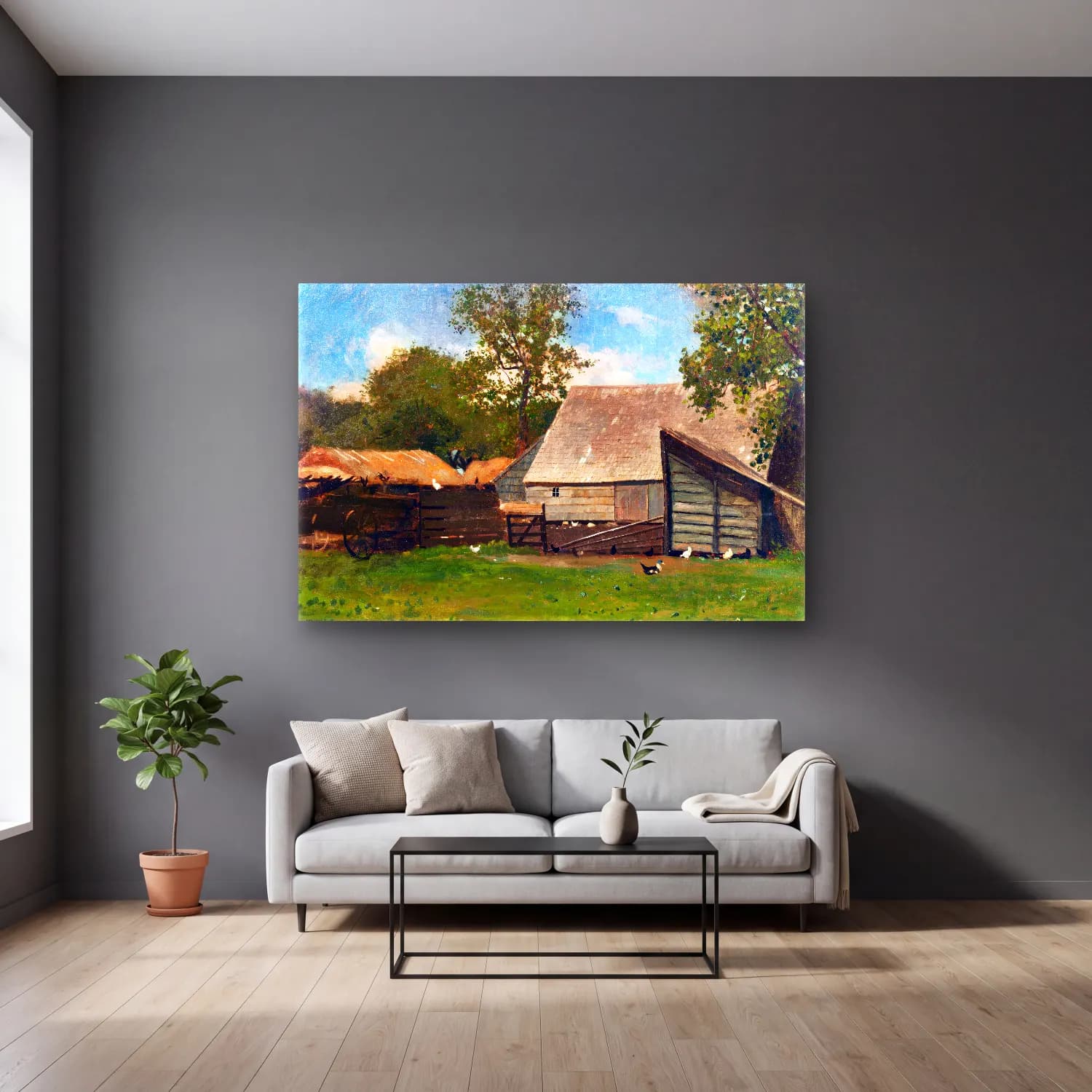 Yağlı Boya Kır Evi No. 35 cam tablo — gri duvarlı salonda