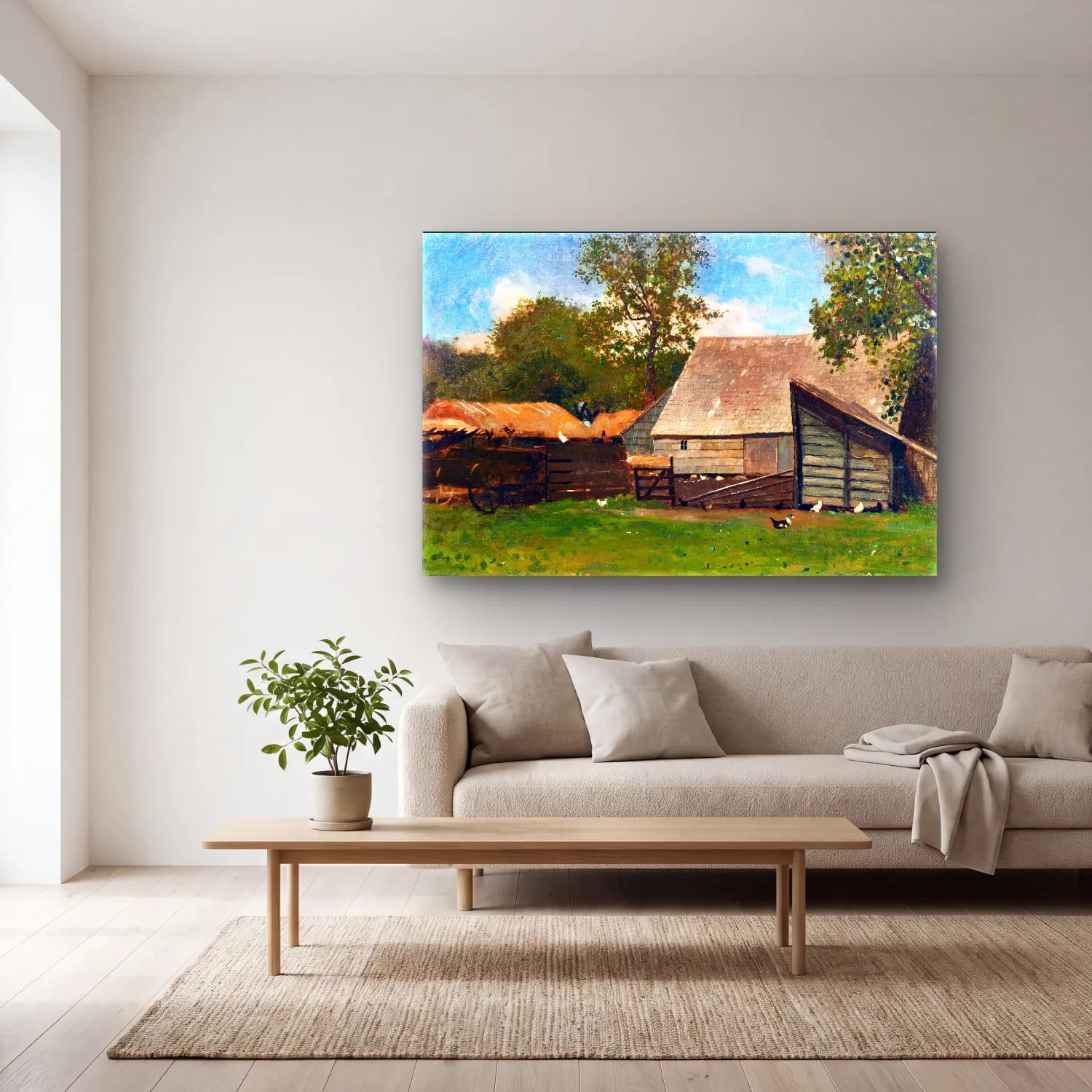 Yağlı Boya Kır Evi No. 35 cam tablo — açık renk salonda