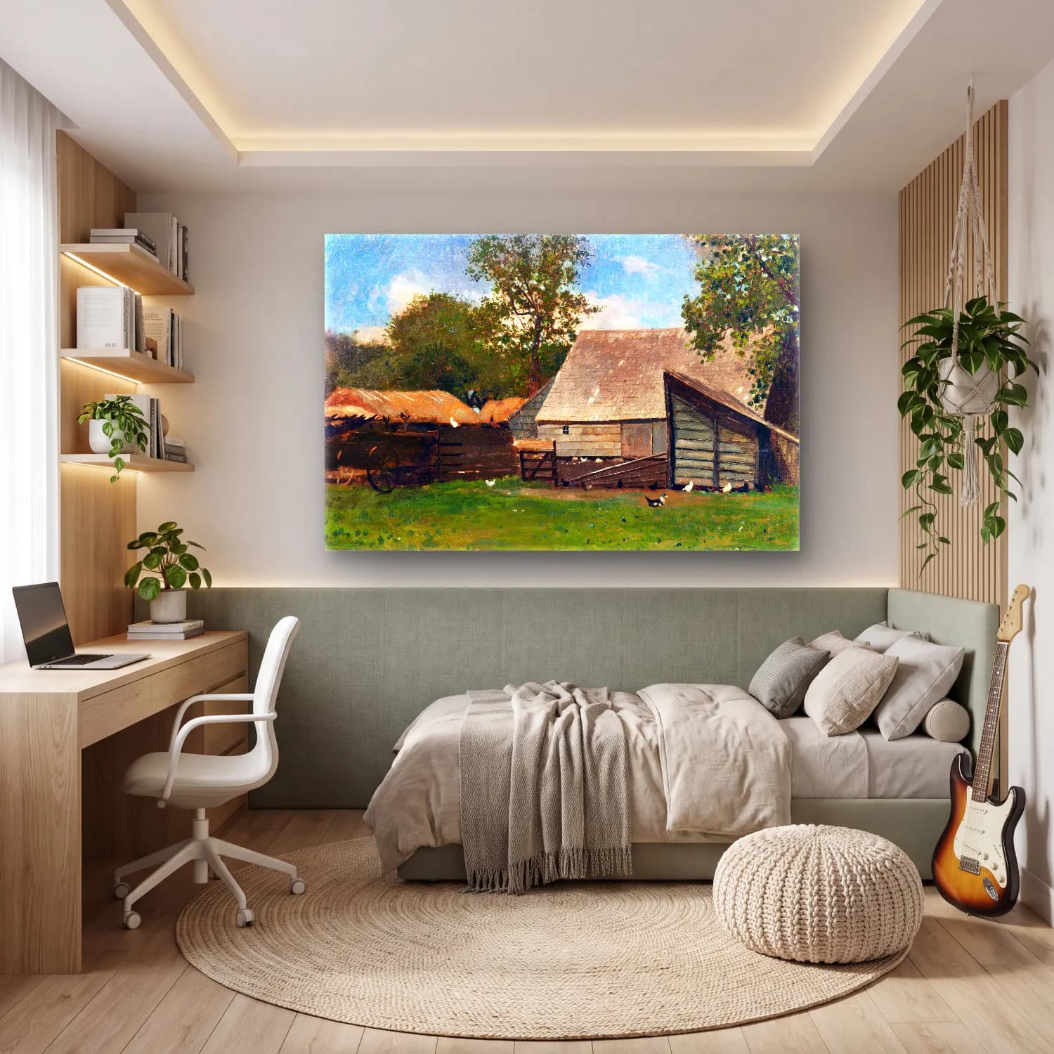 Yağlı Boya Kır Evi No. 35 cam tablo — genç odasında