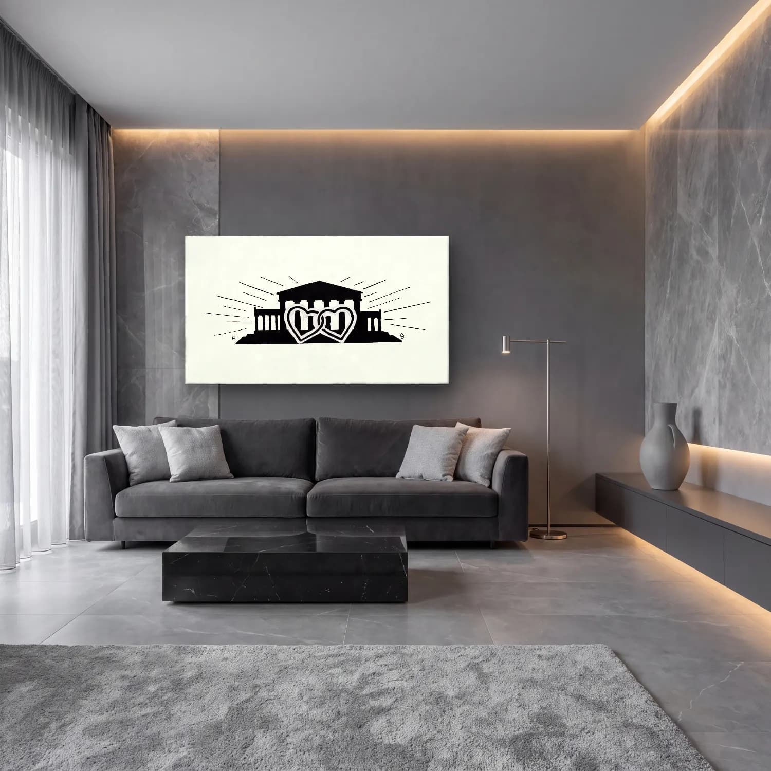 Siyah Beyaz Roma cam tablo — lüks salon duvarında