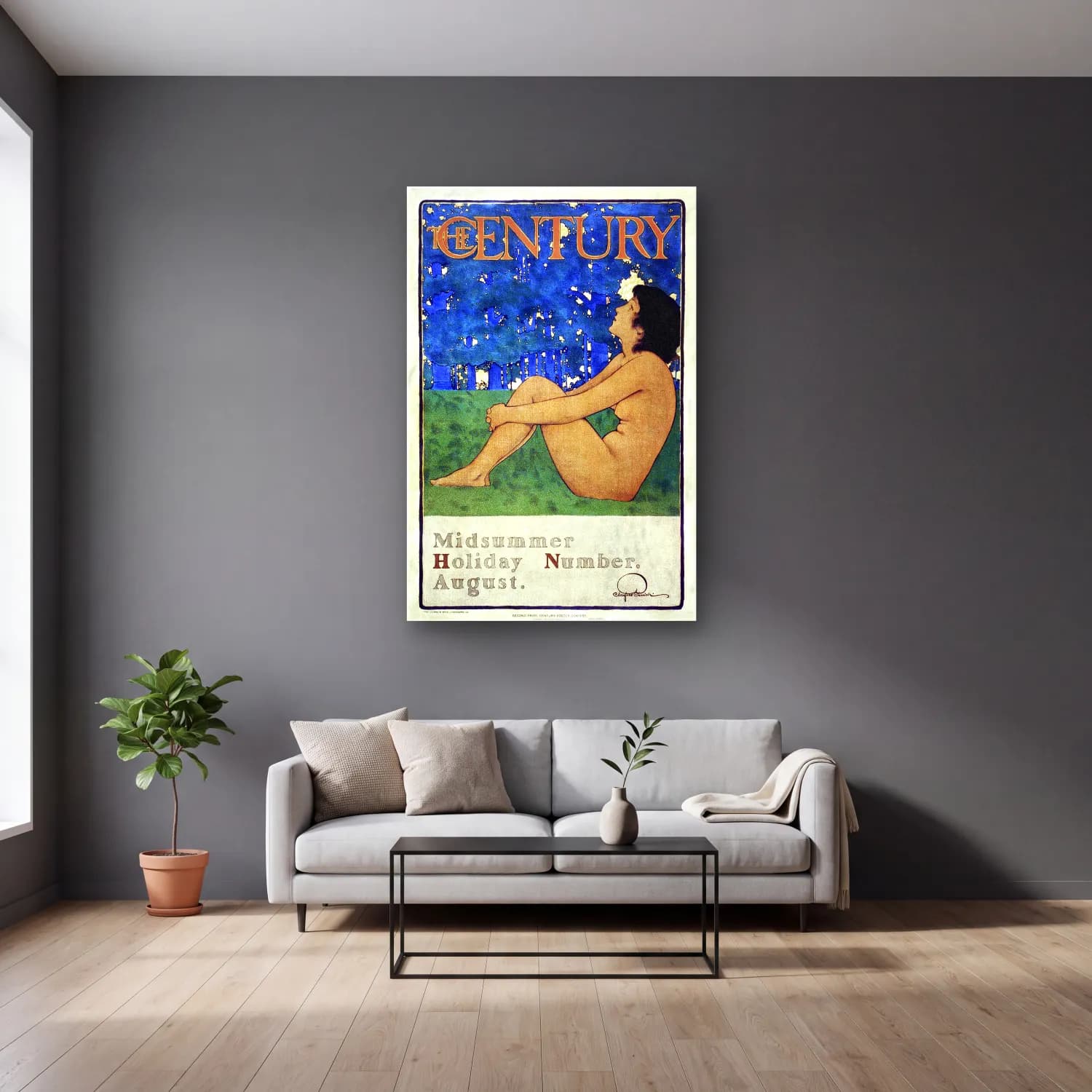 Maxfield Parrish – The Century Midsummer holiday number (ca. 1897) cam tablo — gri duvarlı salonda