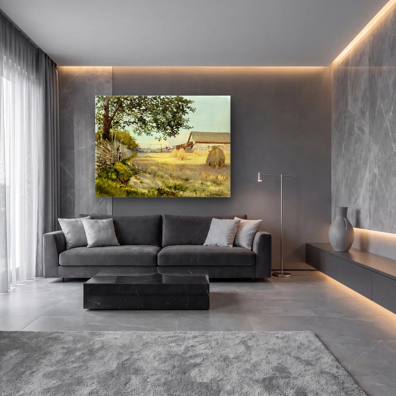Suluboya Kır Evi No. 43 cam tablo — lüks salon duvarında