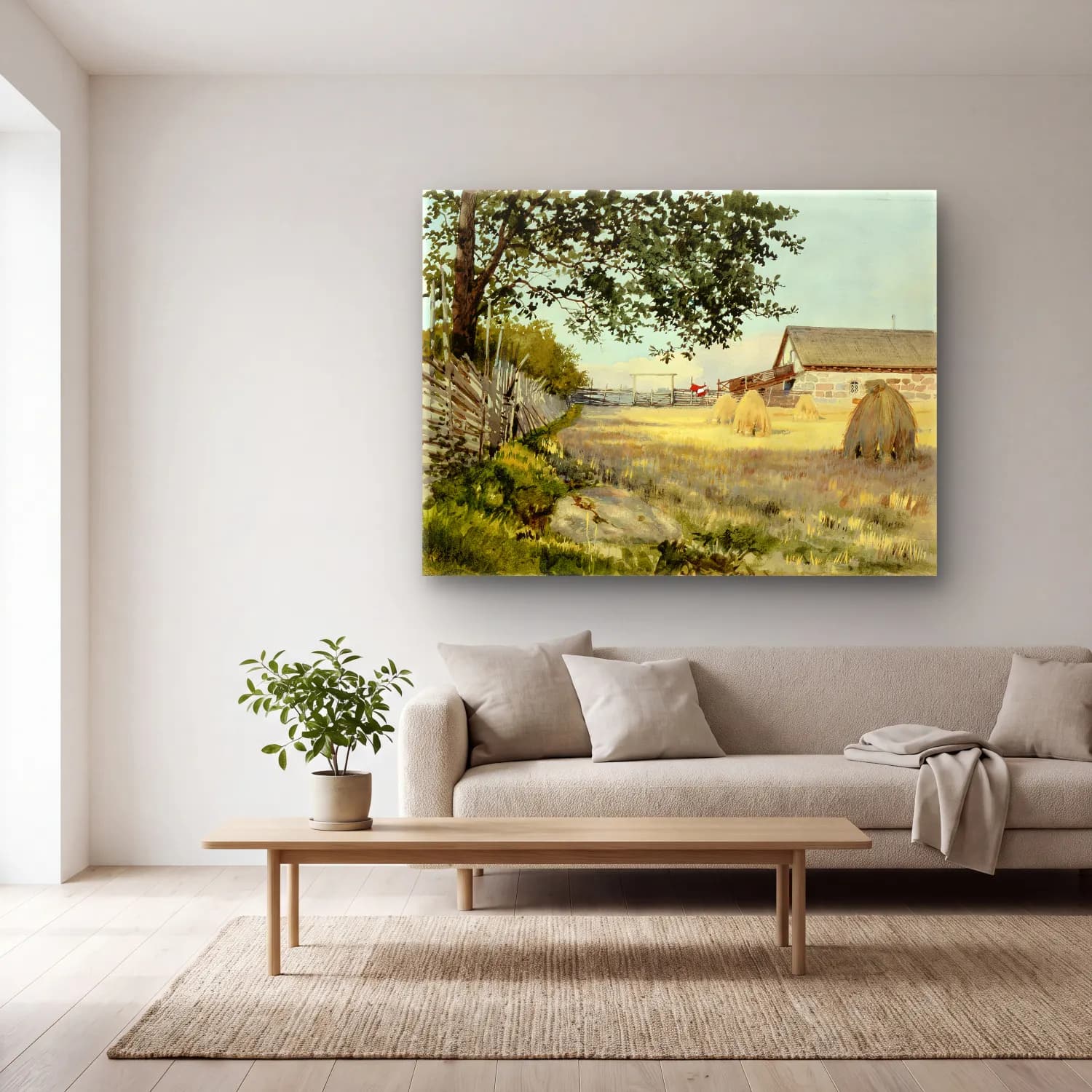 Suluboya Kır Evi No. 43 cam tablo — açık renk salonda