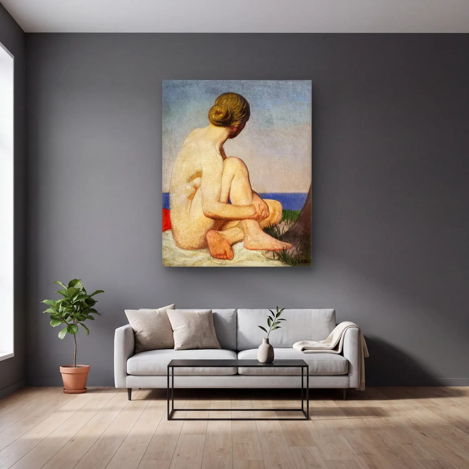 Sir George Clausen – The Watcher cam tablo — gri duvarlı salonda