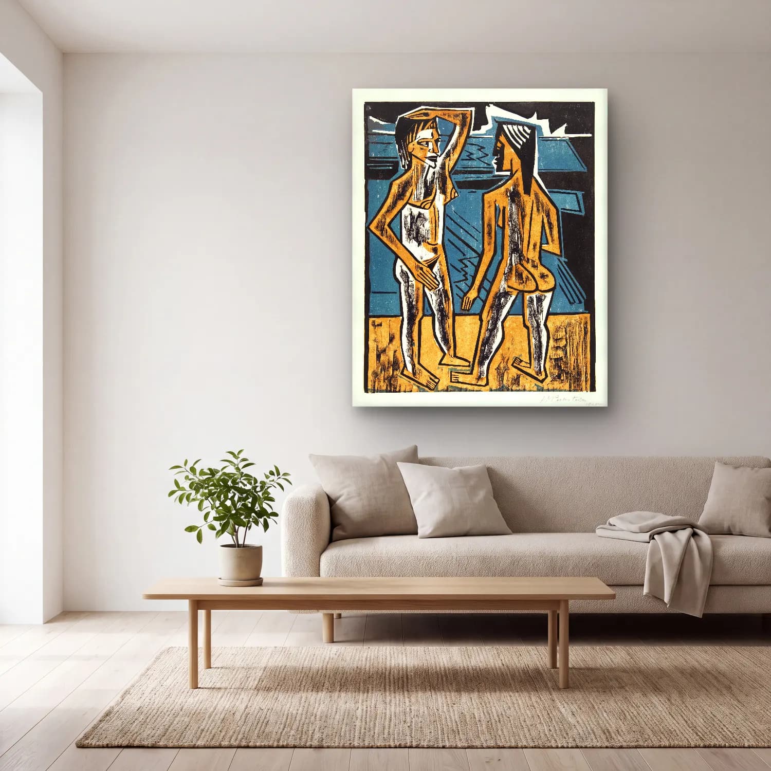 Max Pechstein – Two Standing Nudes cam tablo — açık renk salonda