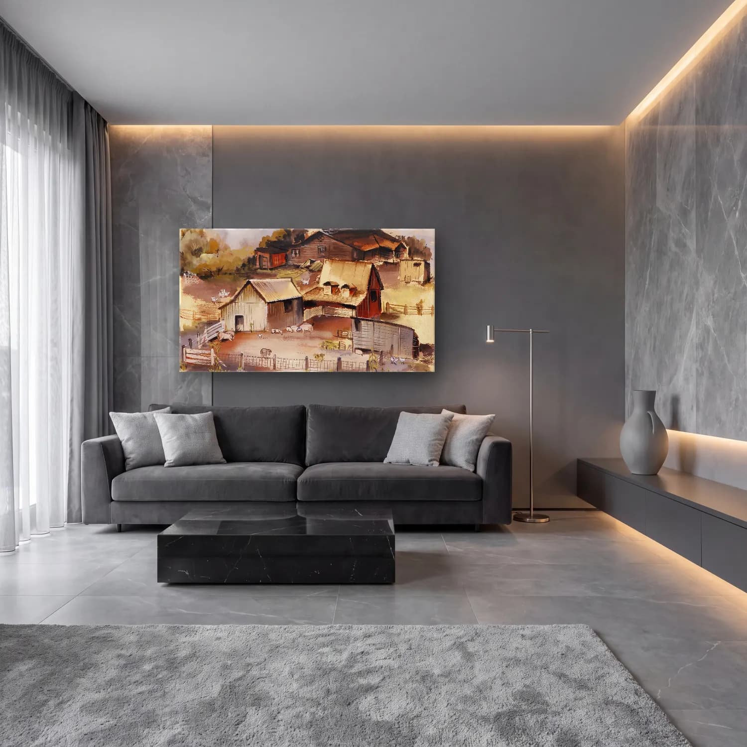 Suluboya Kır Evi No. 45 cam tablo — lüks salon duvarında