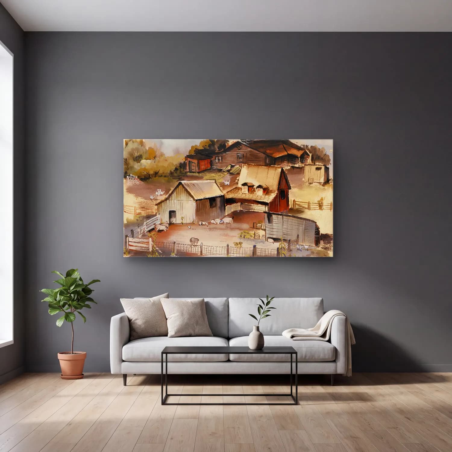 Suluboya Kır Evi No. 45 cam tablo — gri duvarlı salonda