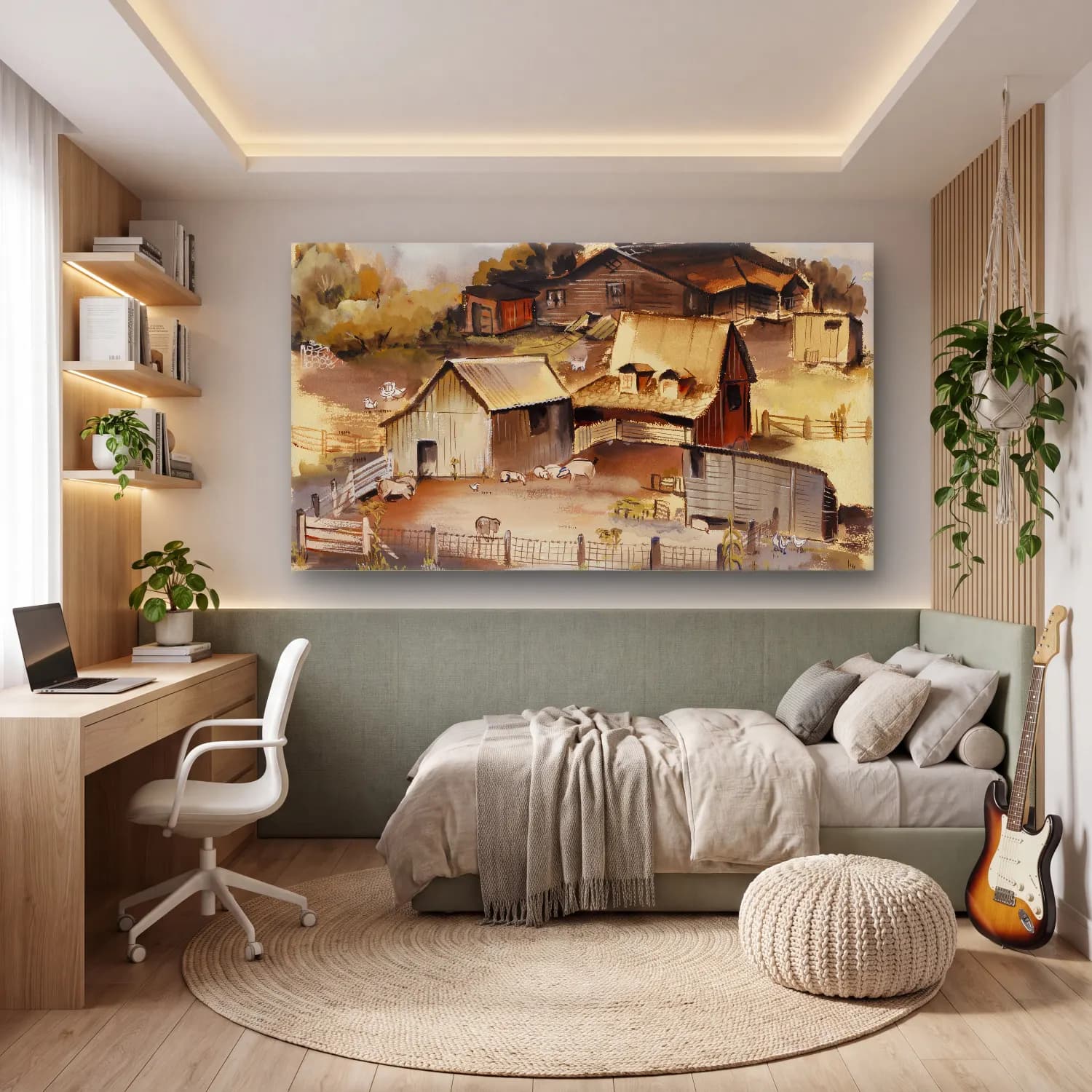 Suluboya Kır Evi No. 45 cam tablo — genç odasında