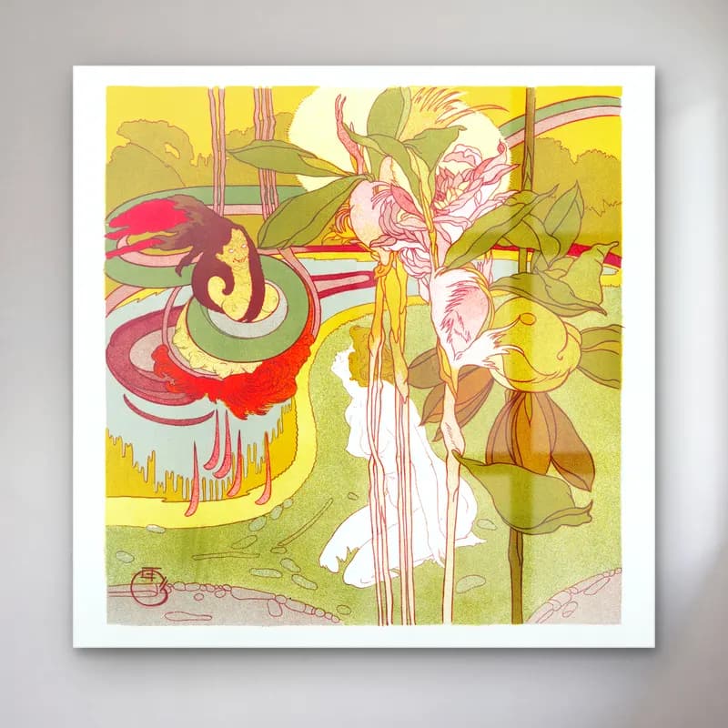 Georges de Feure – Vrouw krijgt visioen in een tuin cam tablo — Georges de Feure – Vrouw krijgt visioen in een tuin — pastel çiçek bahçesi