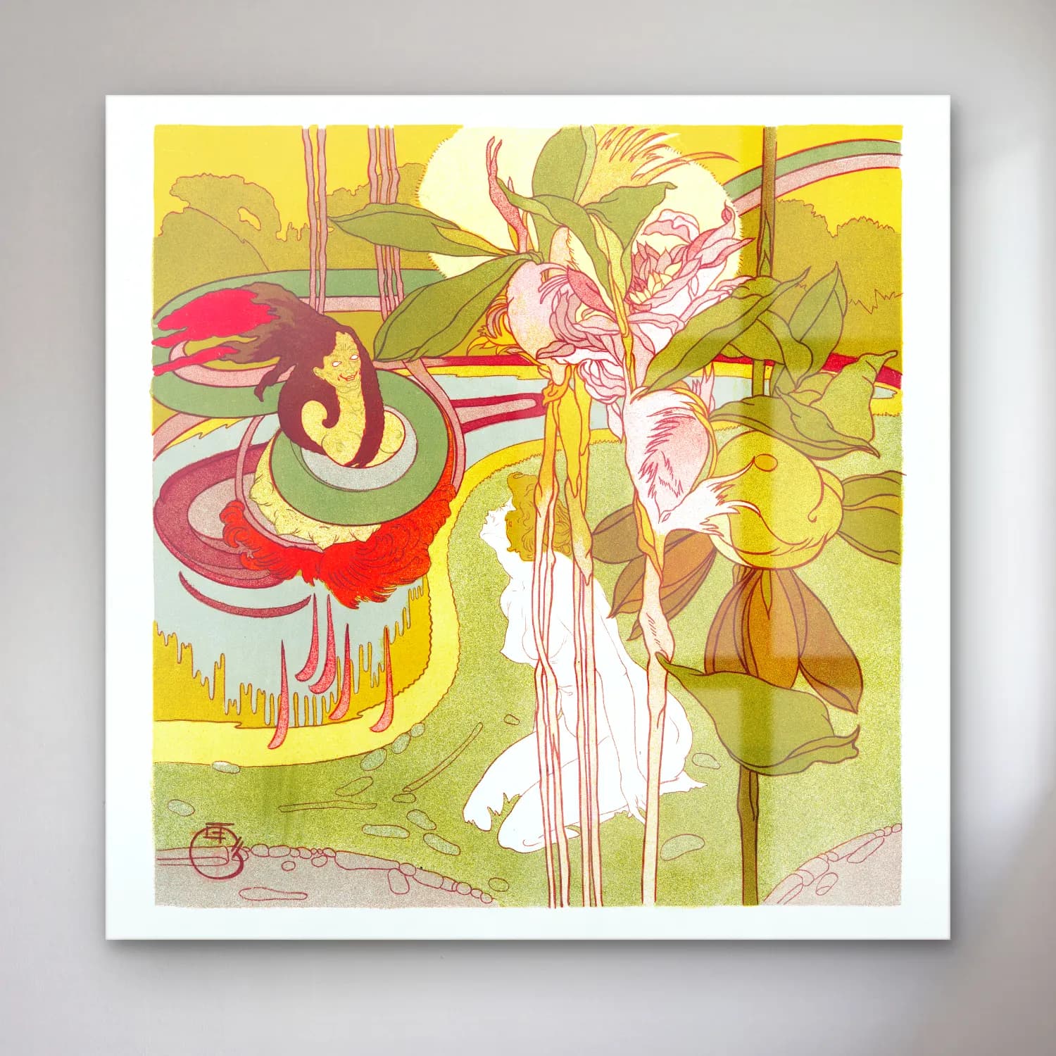 Georges de Feure – Vrouw krijgt visioen in een tuin cam tablo — Georges de Feure – Vrouw krijgt visioen in een tuin — pastel çiçek bahçesi