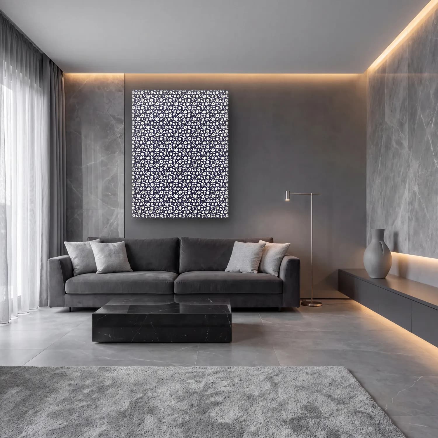 Charles Goy – White flowers pattern in cam tablo — lüks salon duvarında
