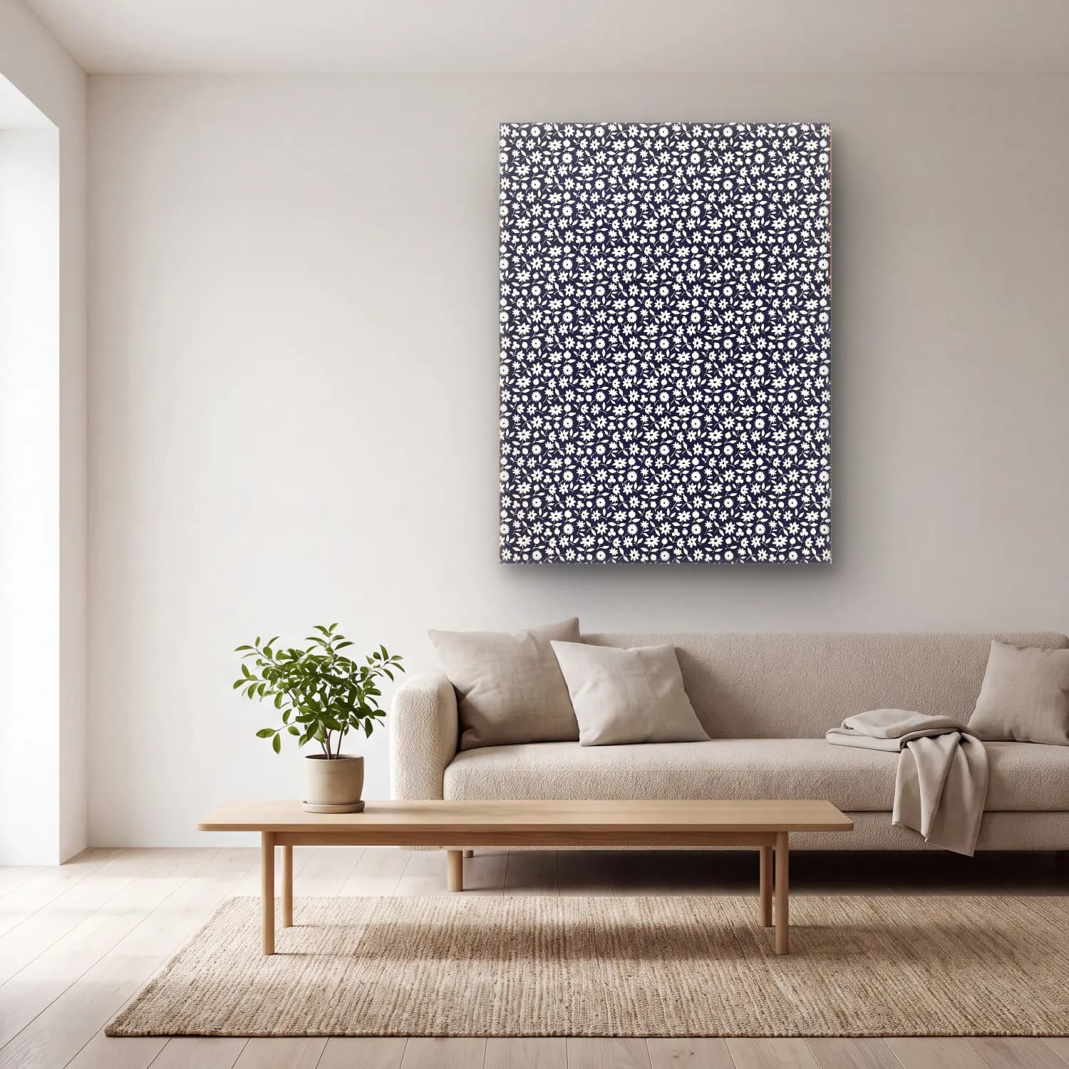 Charles Goy – White flowers pattern in cam tablo — açık renk salonda