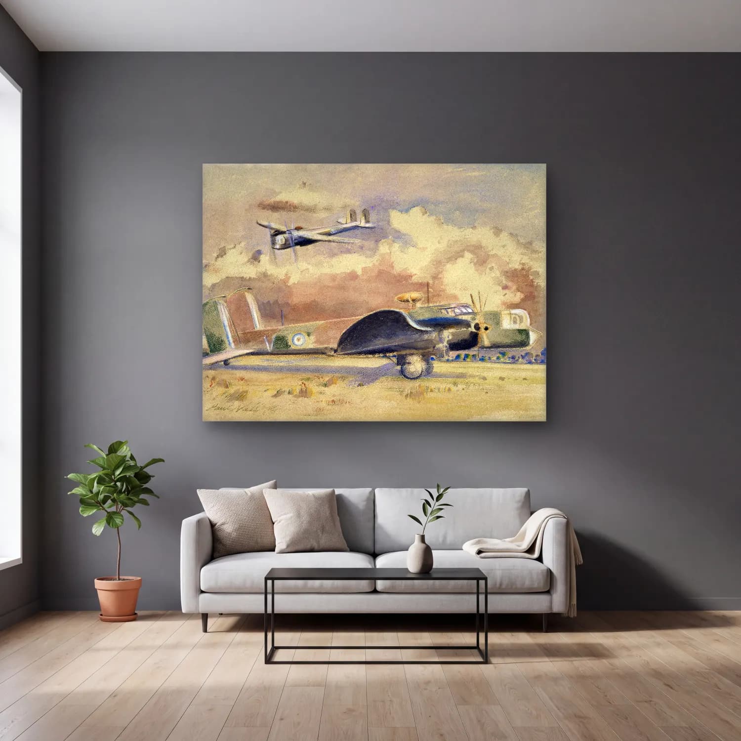 Paul Nash – Whitley Bombers Sunning cam tablo — gri duvarlı salonda