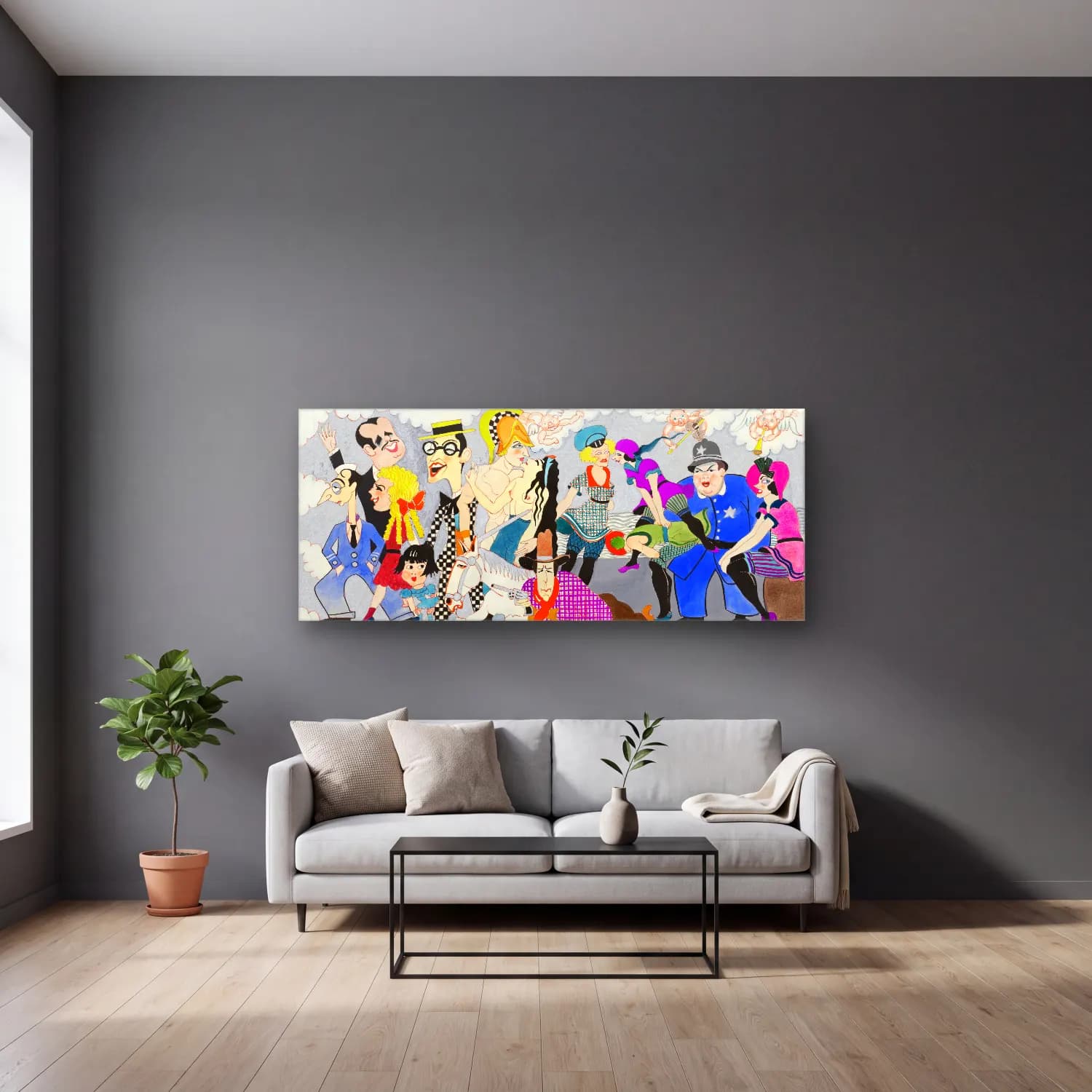 John Decker – Wilshire Bowl Restaurant mural designs Mural Study cam tablo — gri duvarlı salonda