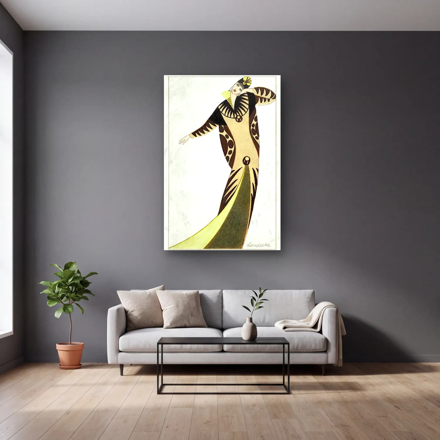 Carl Lendecke – Woman in a long tubular dress fashion Otto Friedrich cam tablo — gri duvarlı salonda