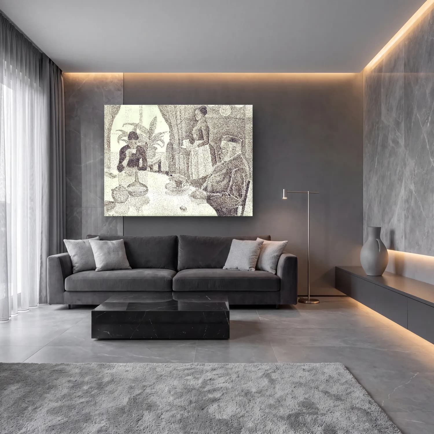 Siyah Beyaz Vintage İç Mekân cam tablo — lüks salon duvarında