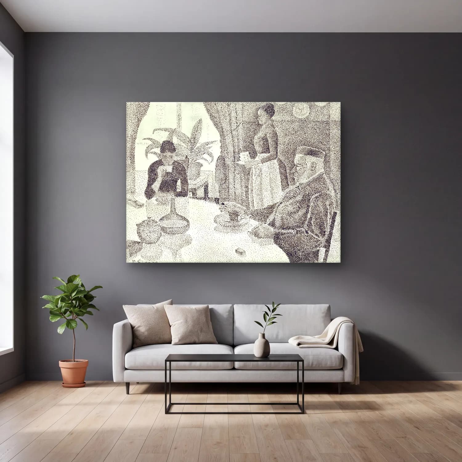 Siyah Beyaz Vintage İç Mekân cam tablo — gri duvarlı salonda