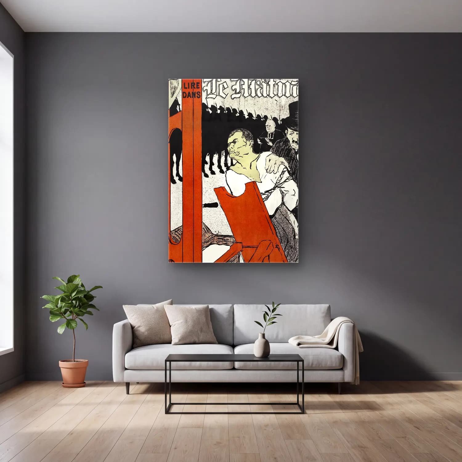 Vintage Poster Kalabalık Cadde No. 10 cam tablo — gri duvarlı salonda