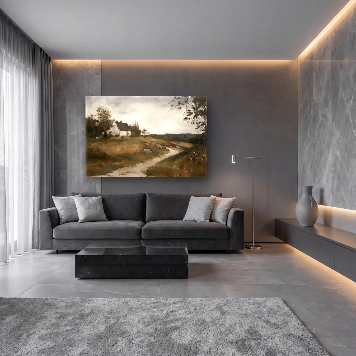 Yağlı Boya Kır Evi No. 39 cam tablo — lüks salon duvarında