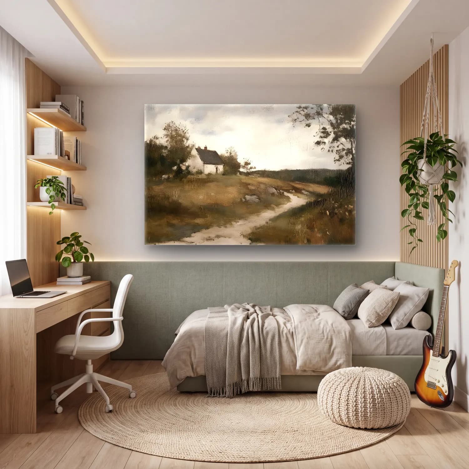 Yağlı Boya Kır Evi No. 39 cam tablo — genç odasında