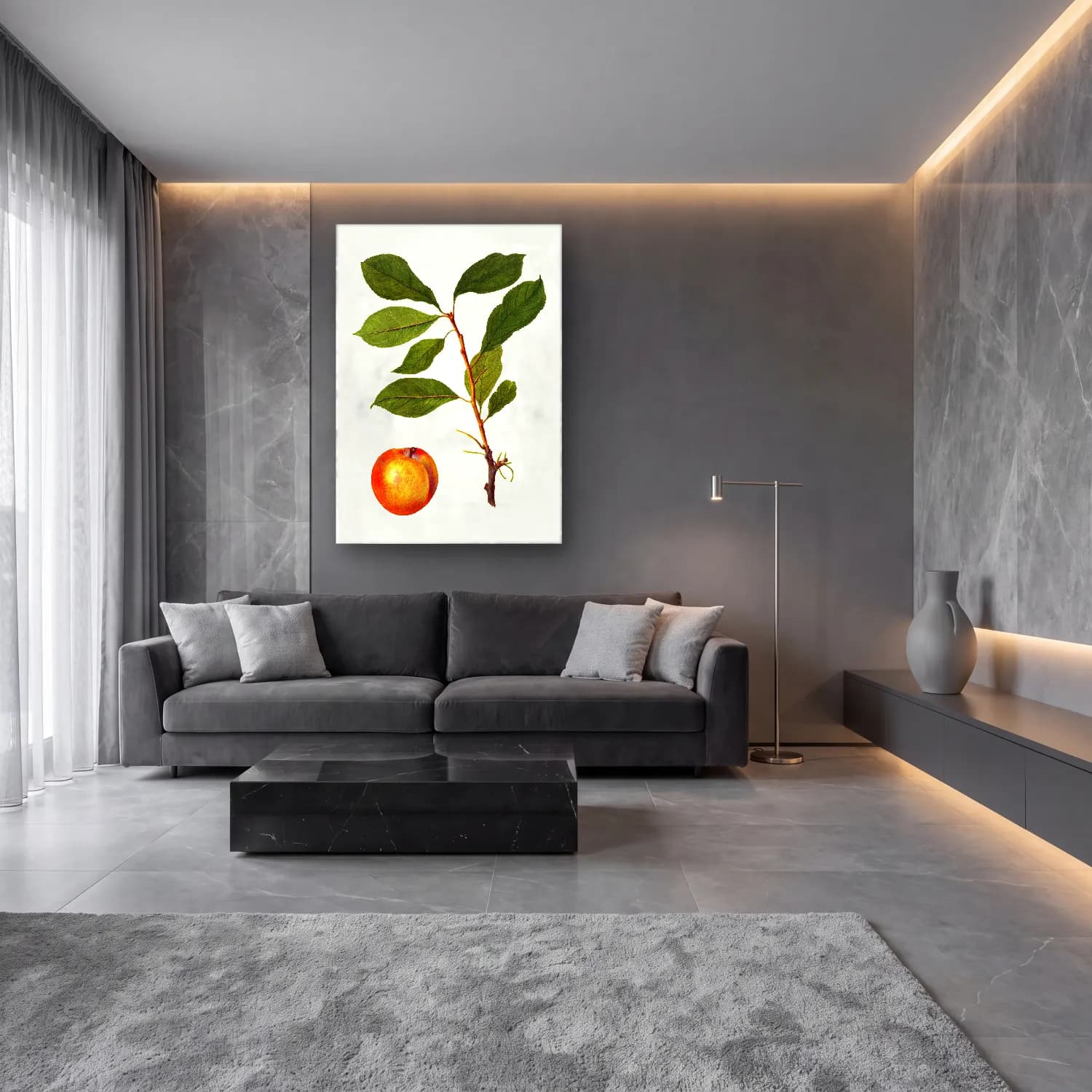Botanik İllüstrasyon Limon Dalı No. 23 cam tablo — lüks salon duvarında