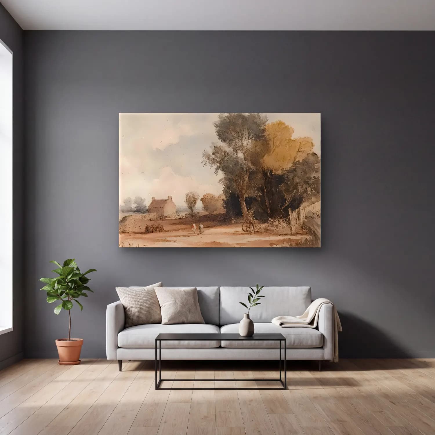 Suluboya Kır Evi No. 46 cam tablo — gri duvarlı salonda