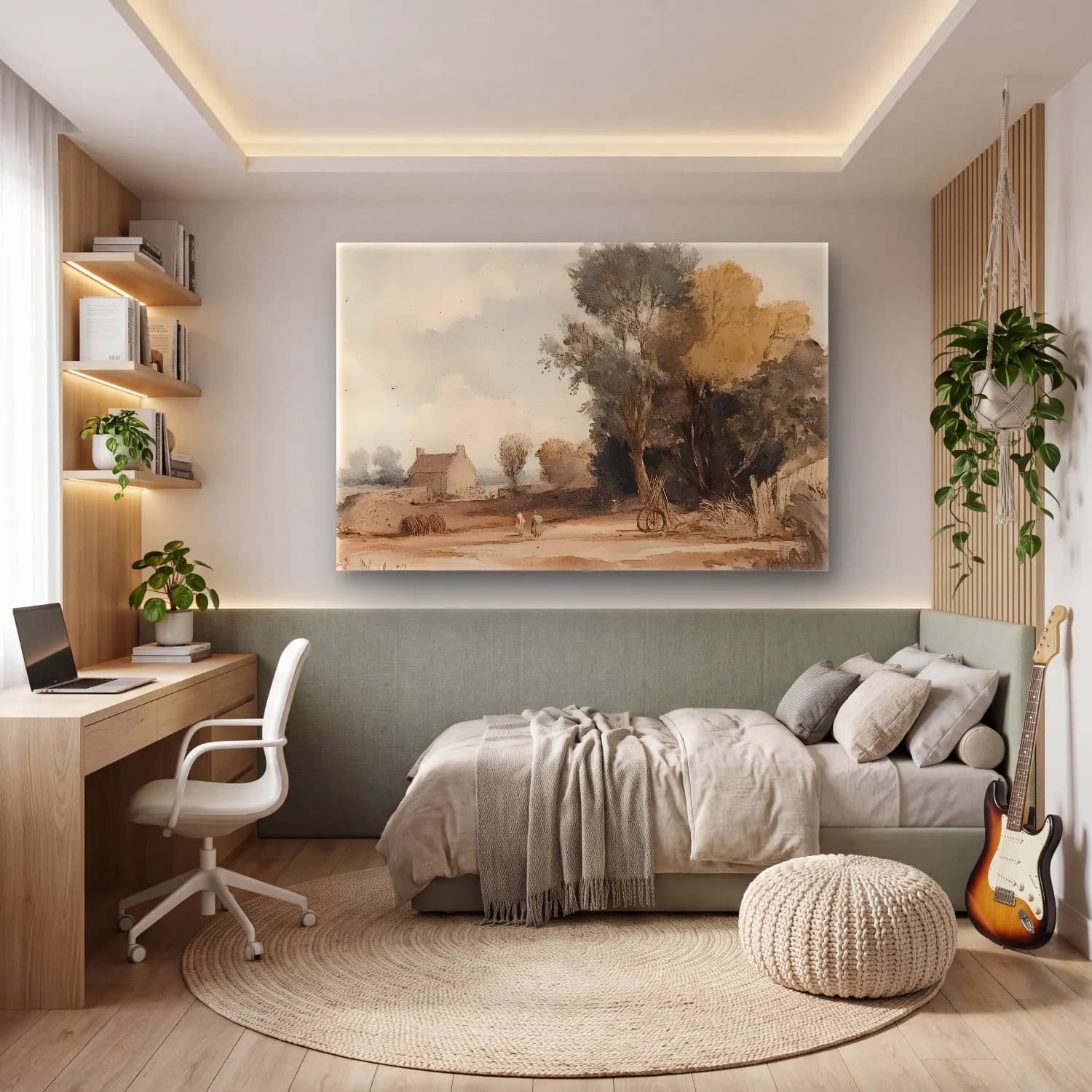 Suluboya Kır Evi No. 46 cam tablo — genç odasında