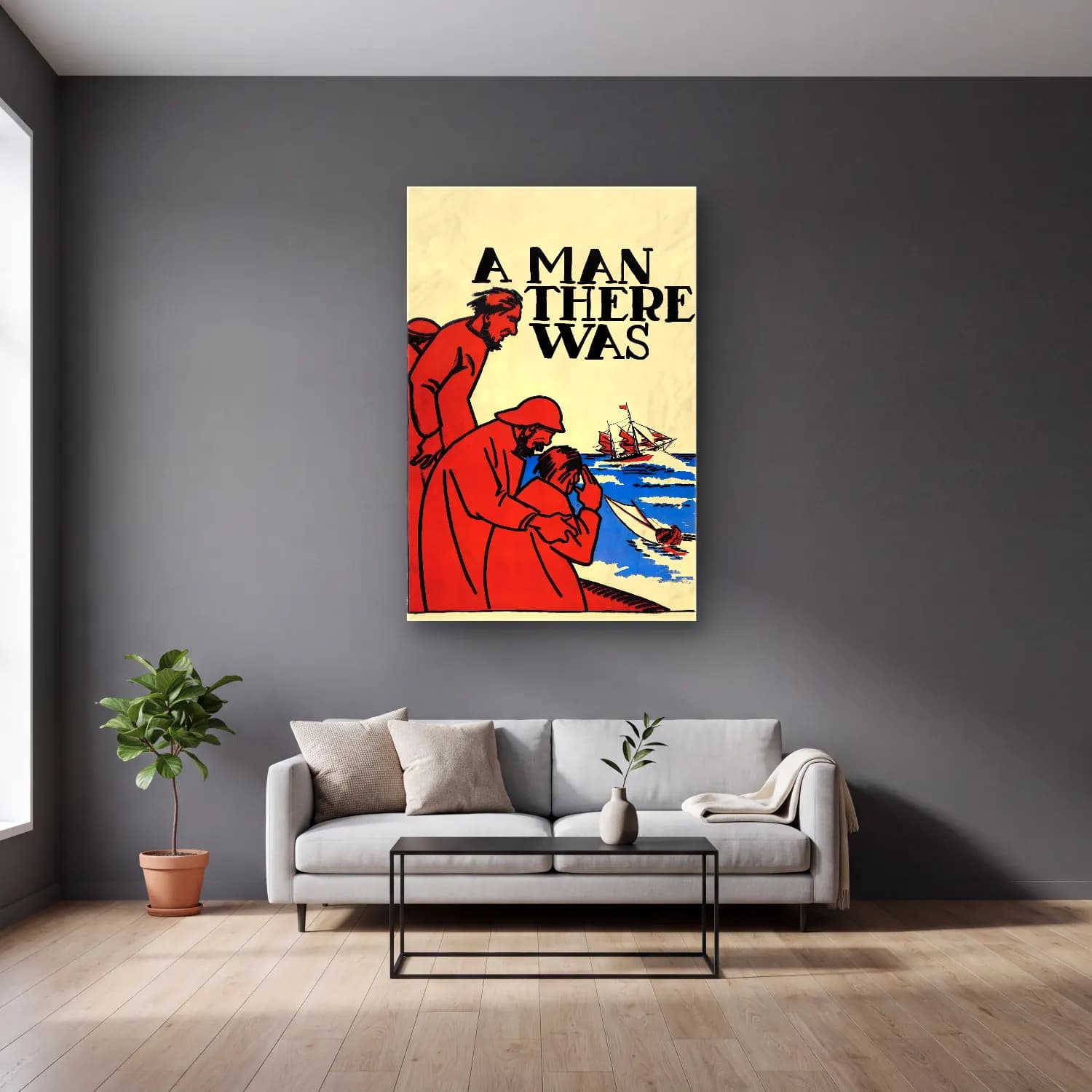 Vintage Poster Erkek Portresi No. 6 cam tablo — gri duvarlı salonda