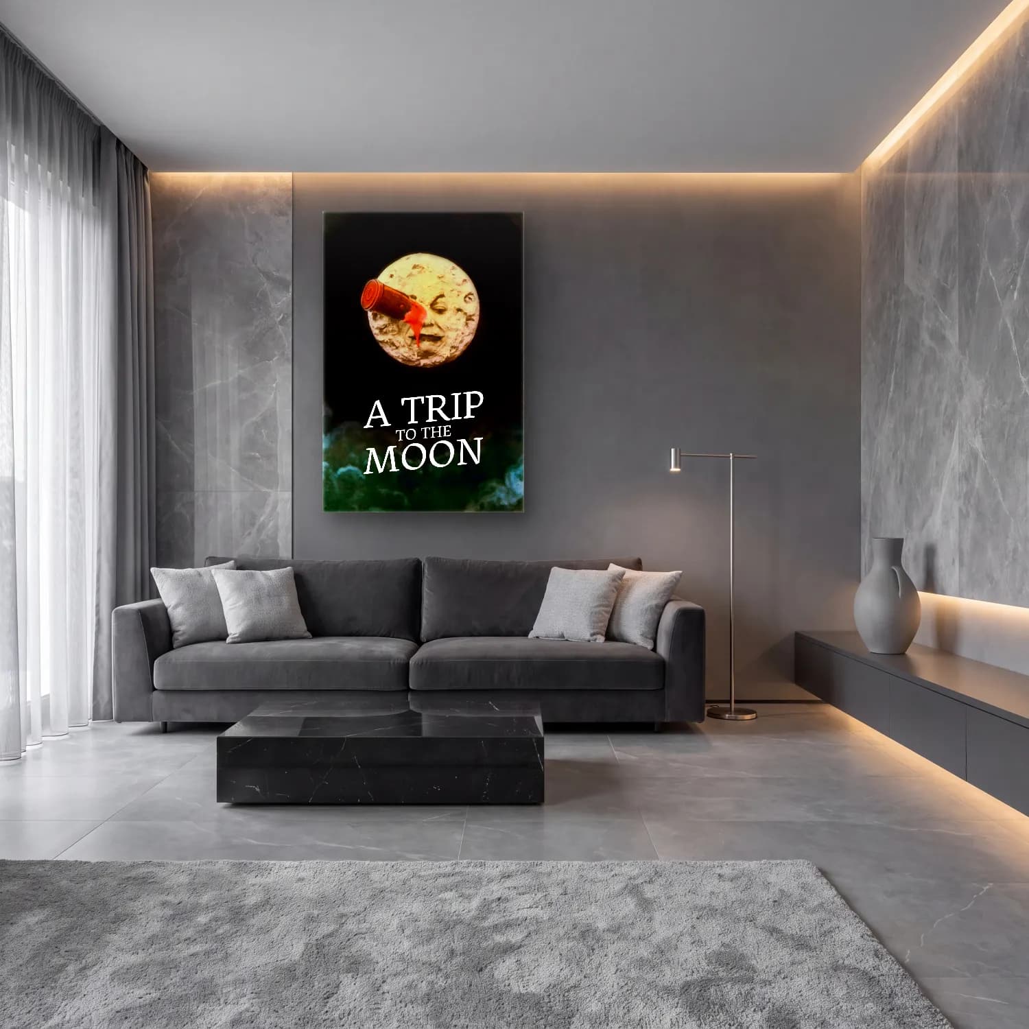 Vintage Poster Ay ve Gece cam tablo — lüks salon duvarında
