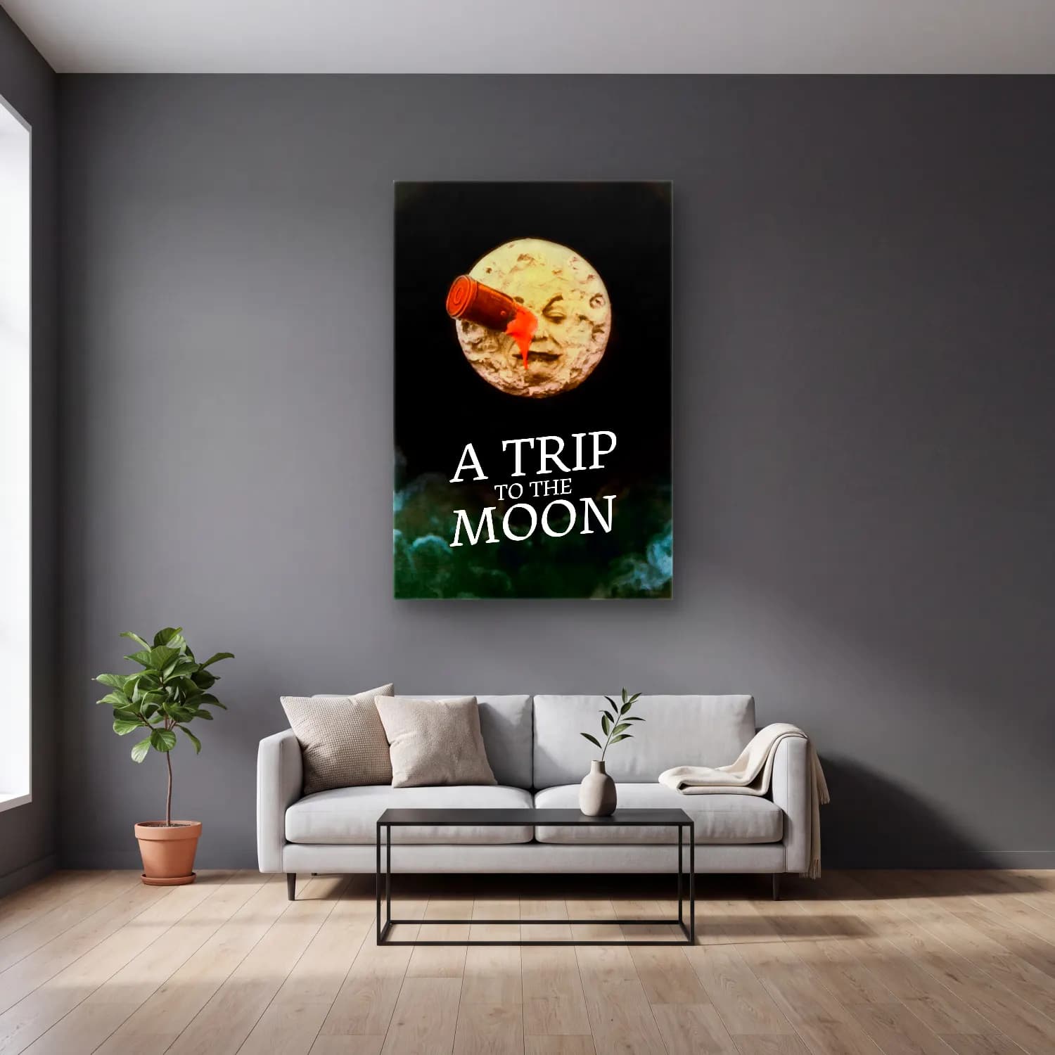 Vintage Poster Ay ve Gece cam tablo — gri duvarlı salonda