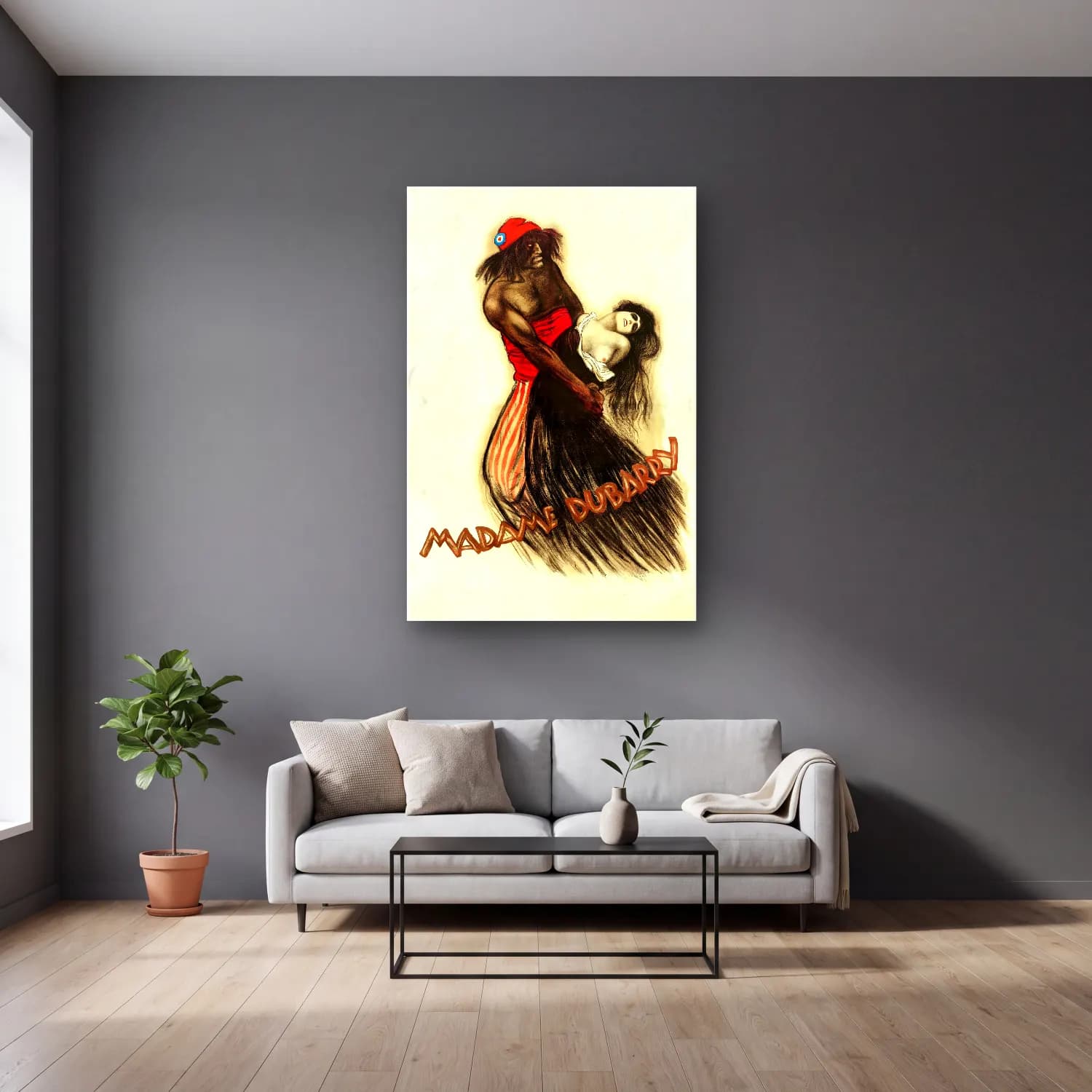 Vintage Poster Dansçılar No. 14 cam tablo — gri duvarlı salonda