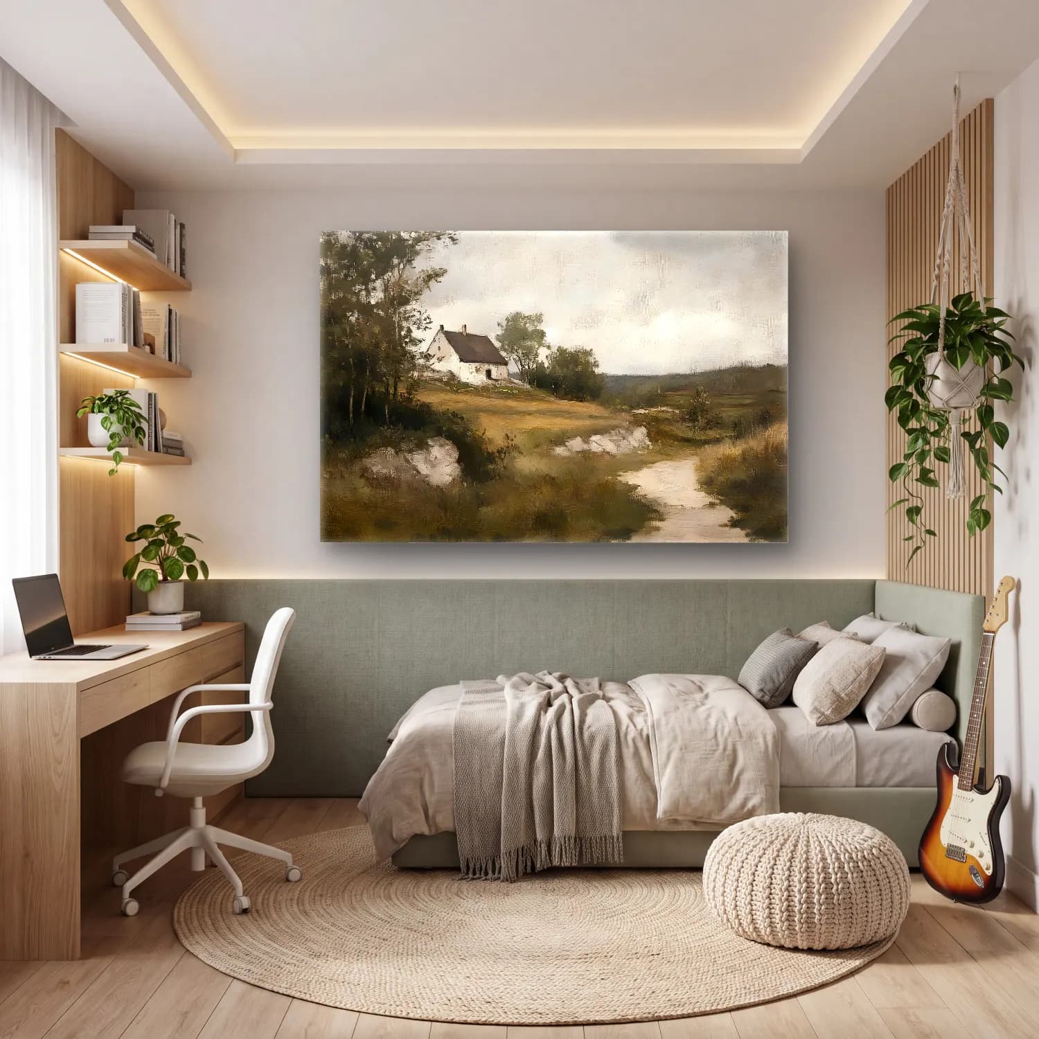 Yağlı Boya Kır Evi No. 45 cam tablo — genç odasında